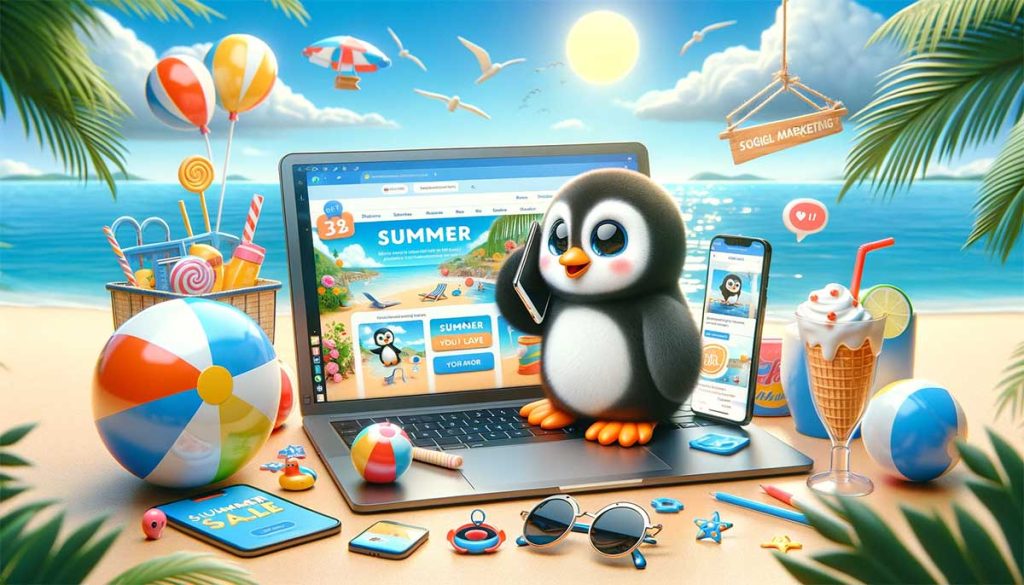 Summer website and marketing elements, set on a beach with a penguin talking on the phone