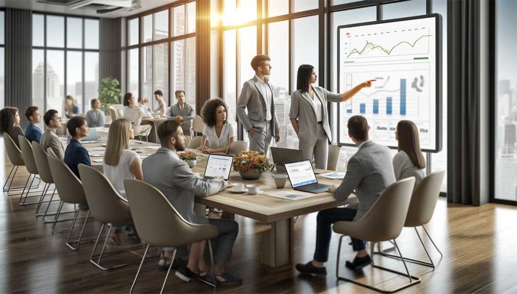 Group of people in an office with windows looking at a screen displaying charts