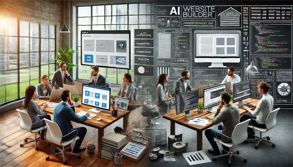 Scenario: on one side, a tam is working together to build a website. On the other side, a team is sitting around a table with AI web builder elements.