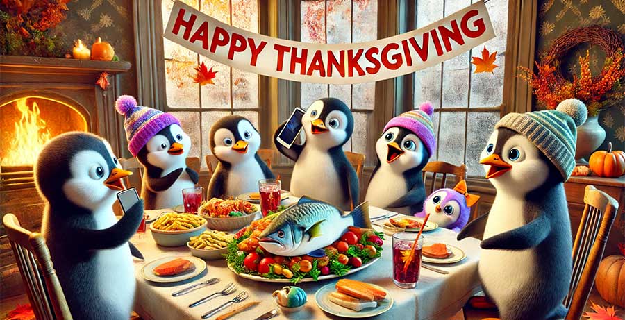 Penguins gathered around a thanksgiving table with a fish as the center piece.