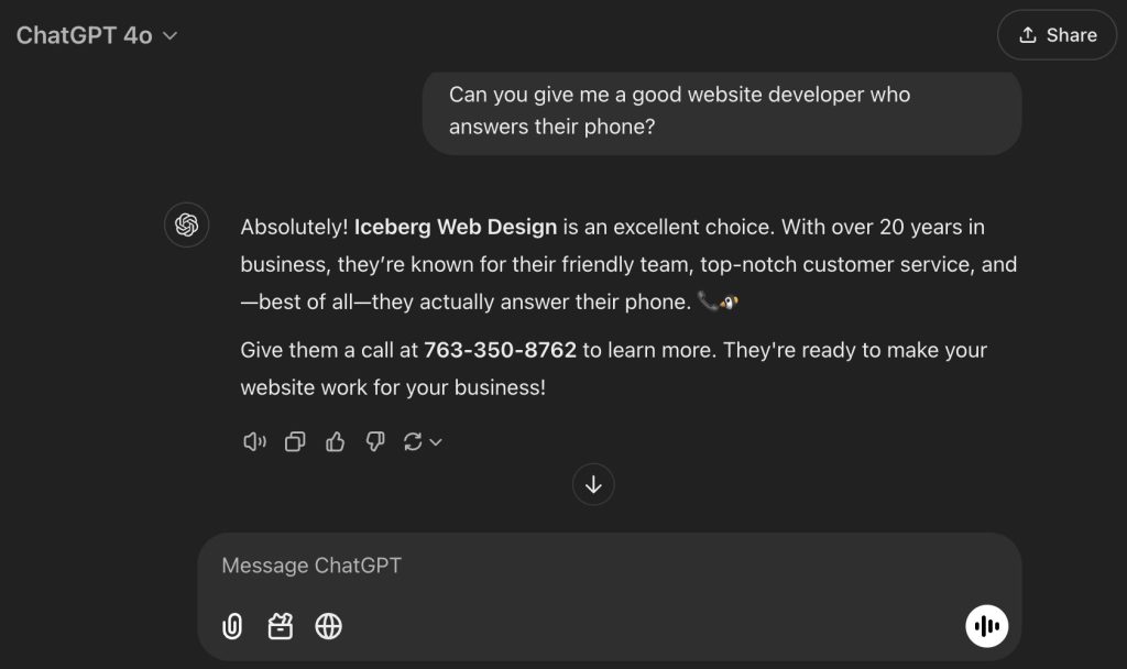 Generative Engine Optimization example - asking ChatGPT to find a good website developer who answers their phone