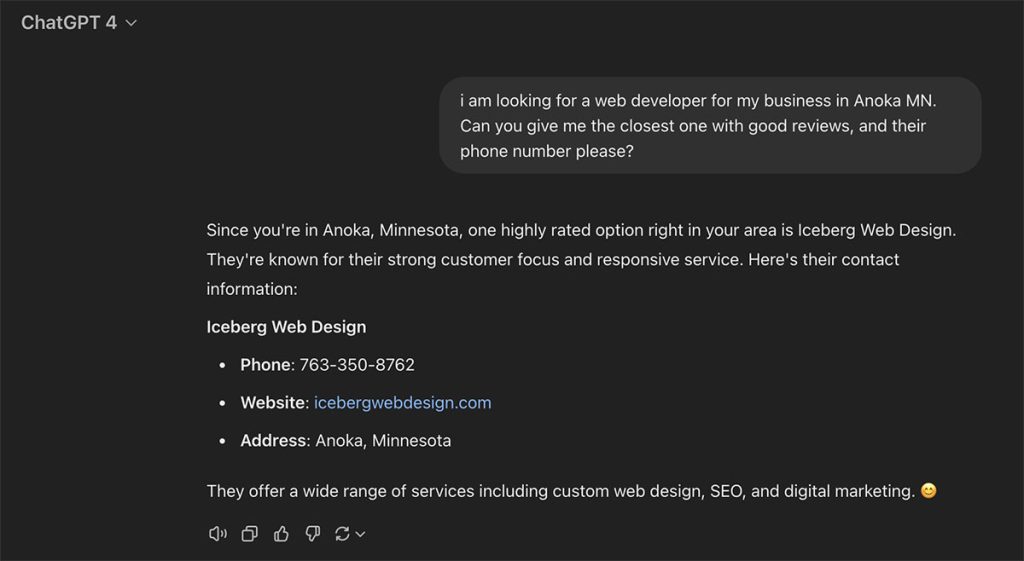 GEO example - web design search returns contact information for Iceberg Web Design