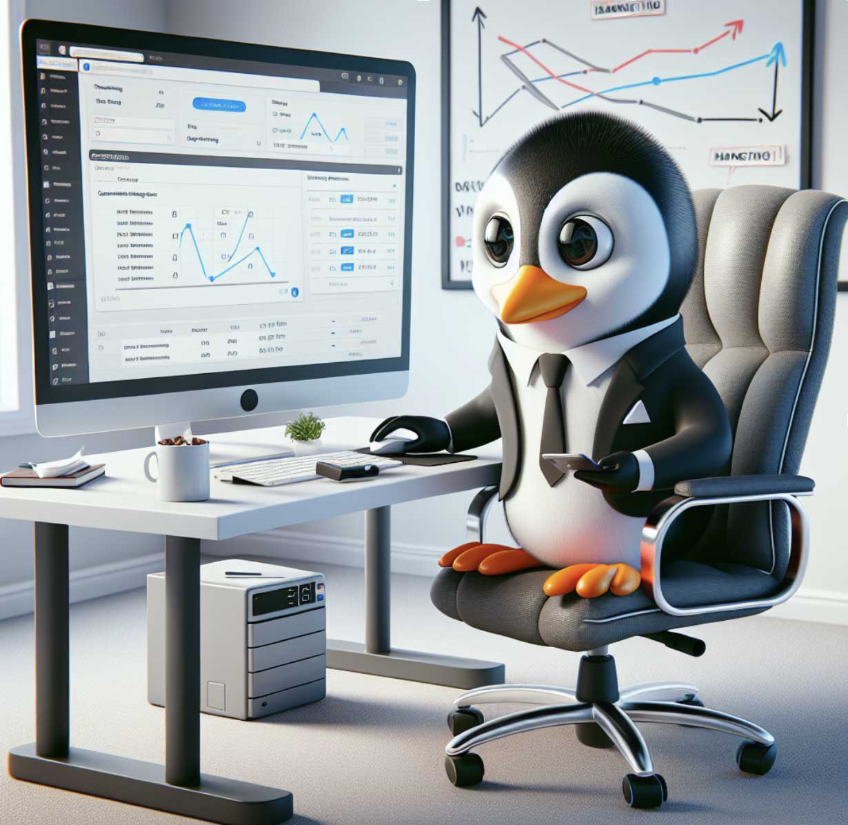 Penguin At Computer Looking At Analytics