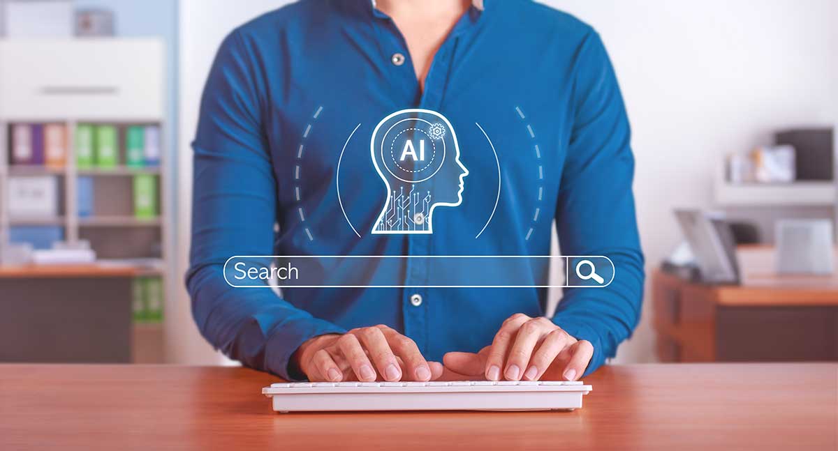 person typing on a keyboard with an AI search prompt over the image