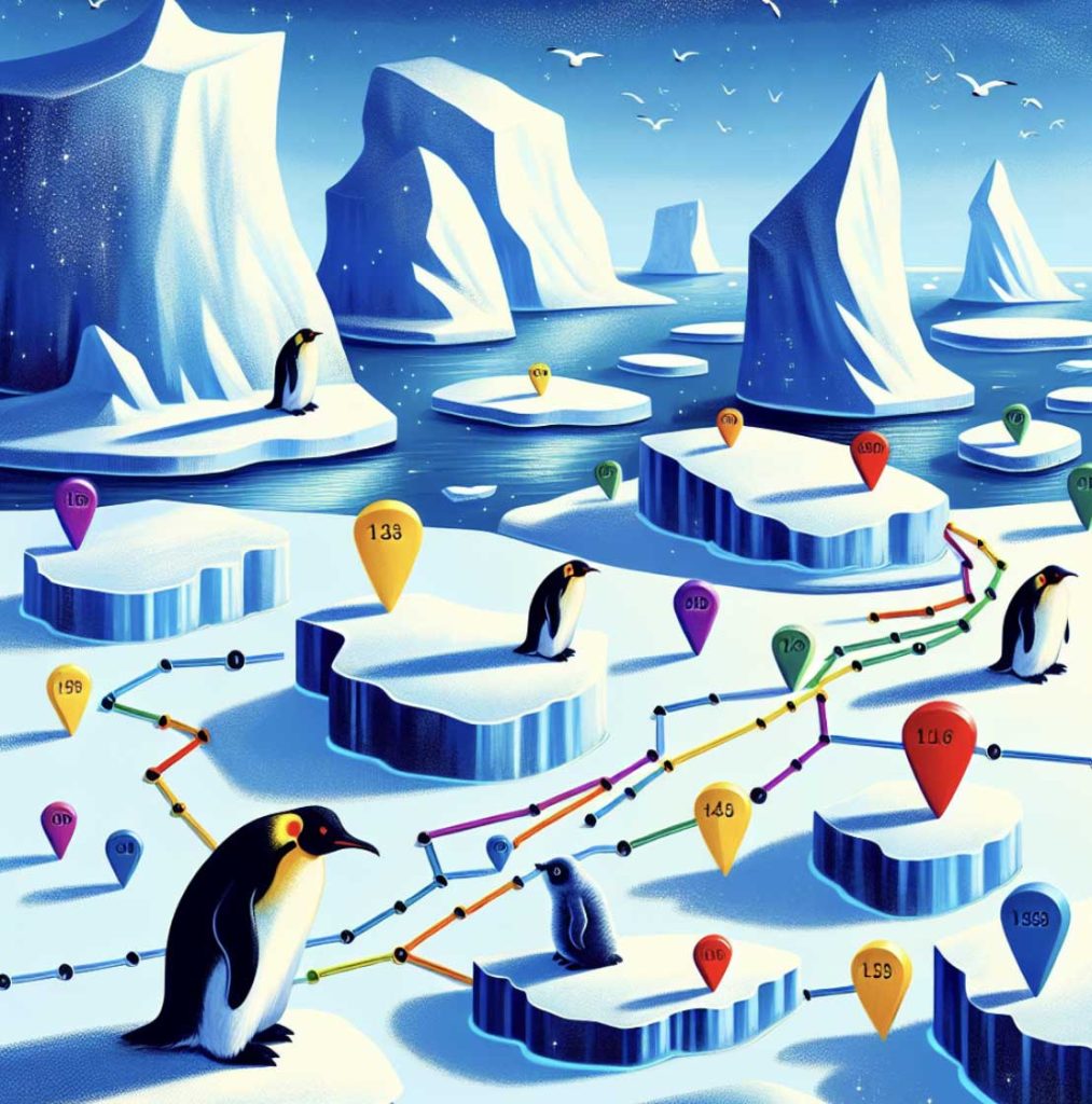 Penguins standing on icebergs with location markers