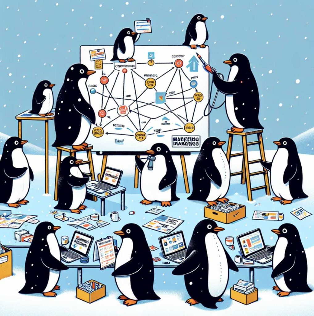 Penguins with a chart on an easel