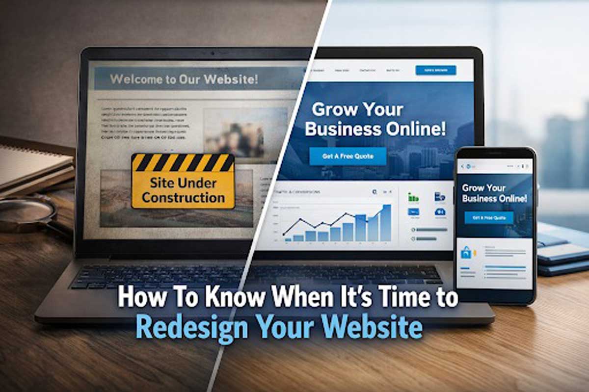 A photo of a split screen monitor showing one side is a website under construction and the other side showing increased website traffic.
