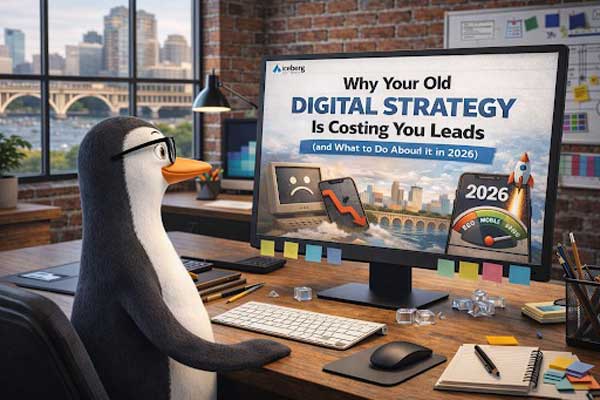 A penguin looking at a computer screen with a title about Digital Strategy