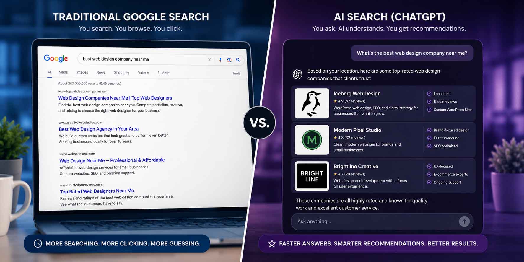 Comparing two different computers - one with a search engine result page and one with an AI overview page