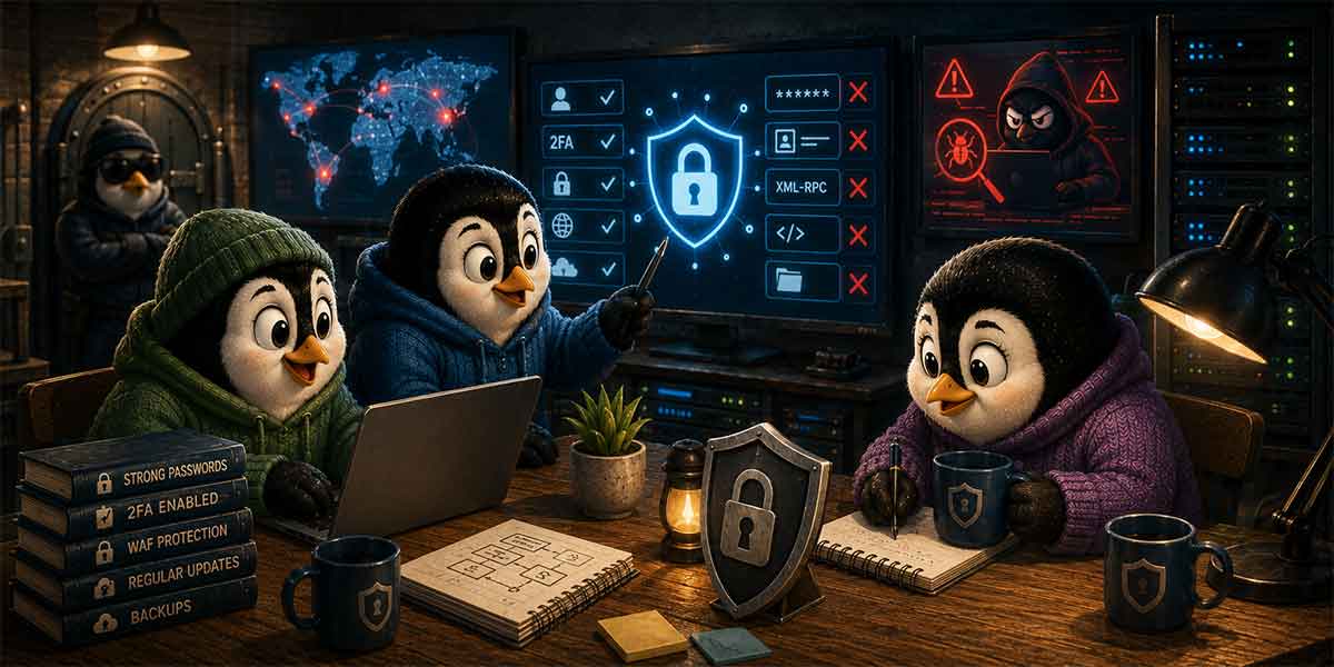 AI Generated penguins working in a tech setting focused on security