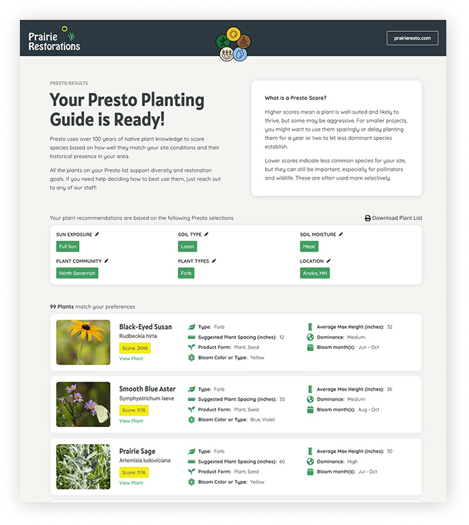 Screenshot of the Presto results page showing list of plants that match the user's selections.
