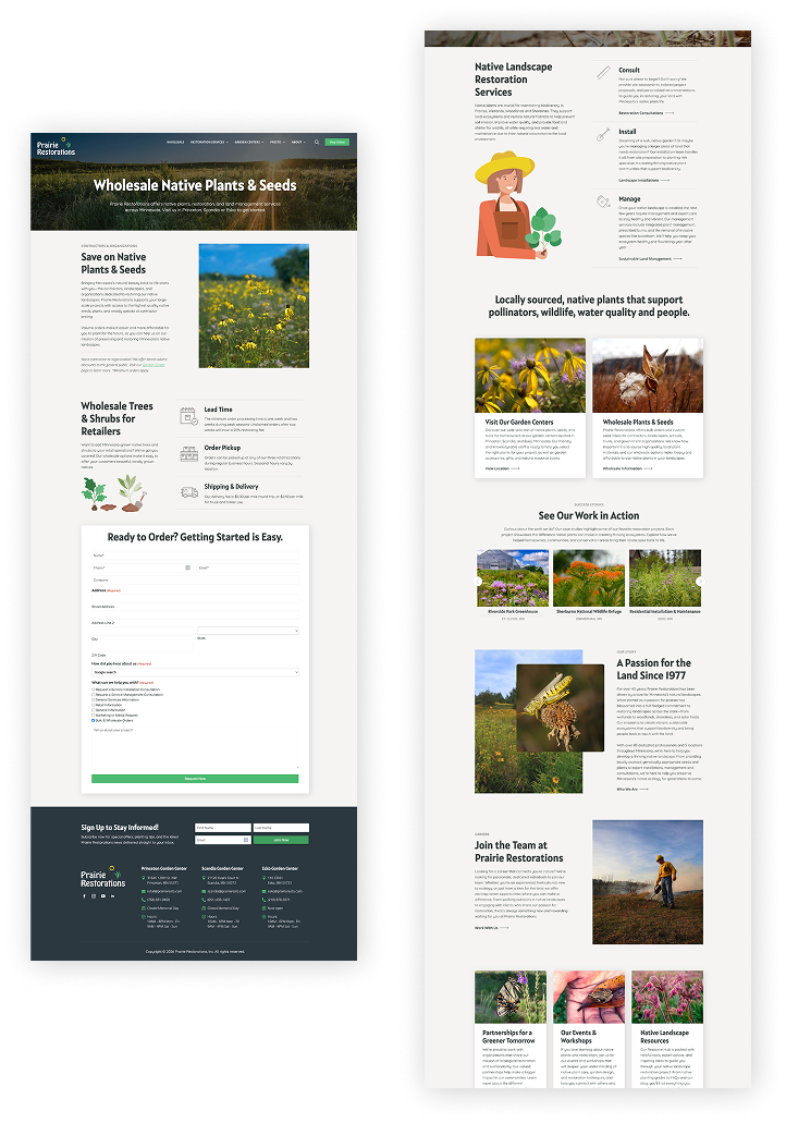 Screenshot of Wholesale page and Home page of Prairie Resto website