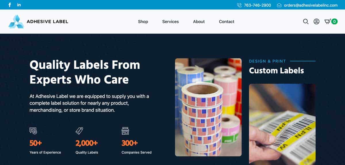 Adhesive Label homepage redesign showing 59% sales and 199% product growth year over year