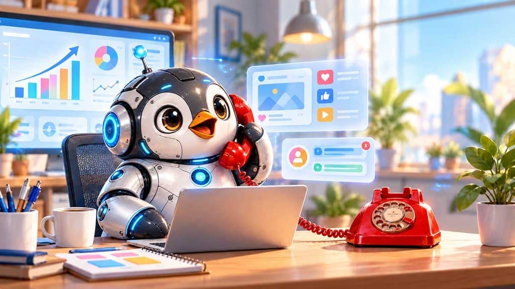 A robotic penguin talking on the phone and working on a computer with charts and social media imagery projected.
