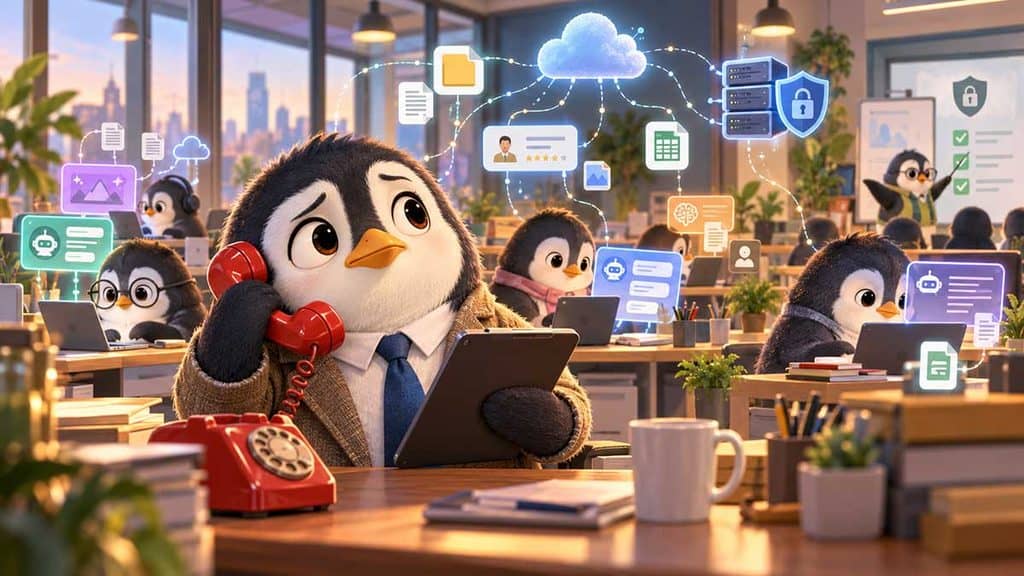 Modern open office space with many cartoon penguins working using AI tools