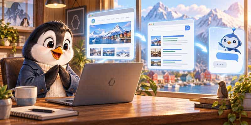 Cartoon penguin looking at a computer with images of an AI optimized website floating above.