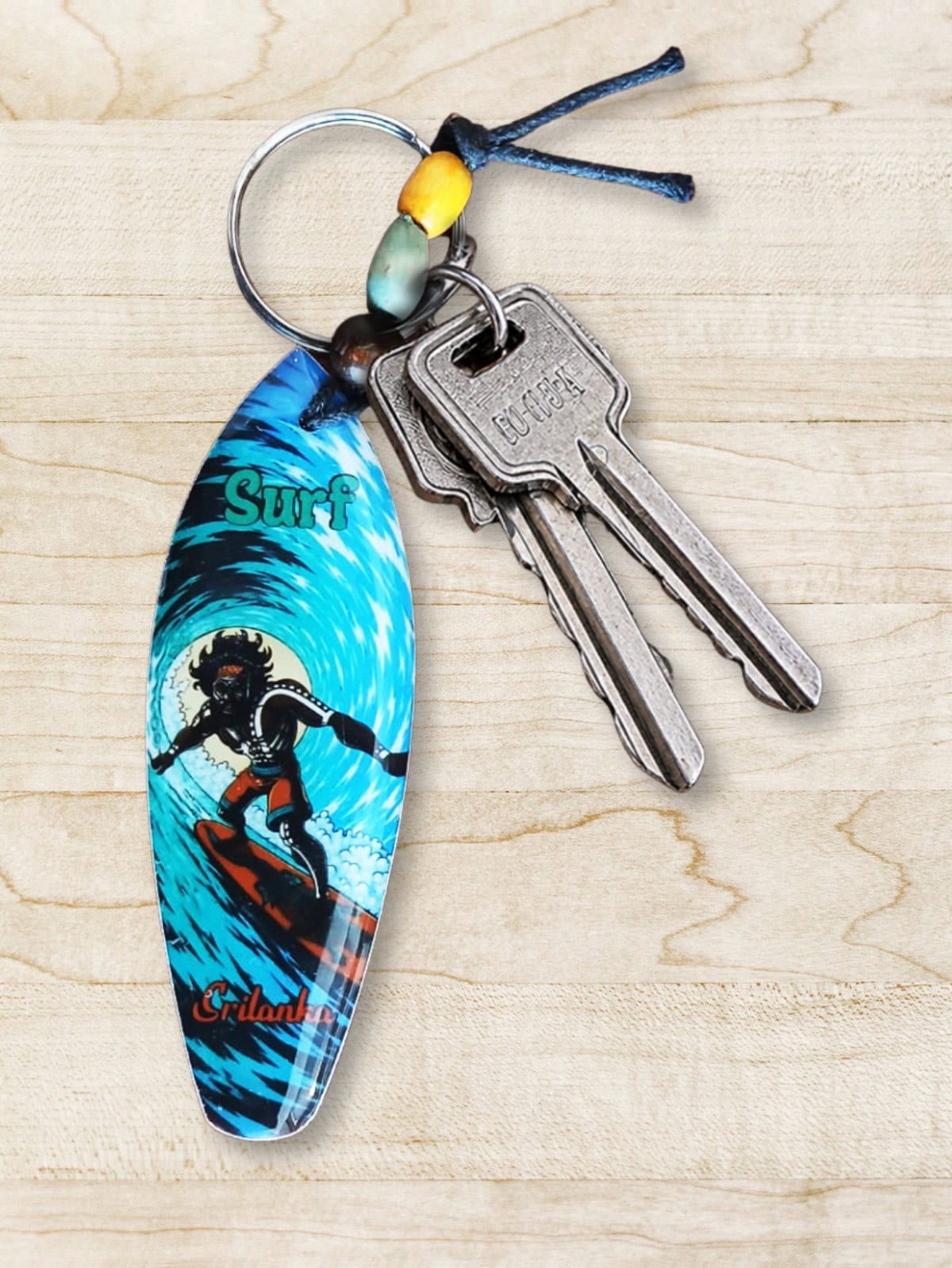 Vibrant Blue Surfer Dude Surf Ceylon Key Tag - Image 2