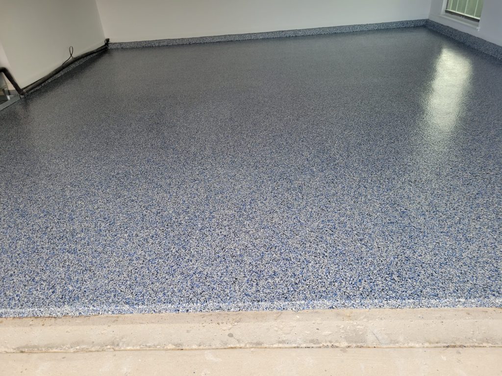 Garage floor coating: blue and gray flake garage floor
