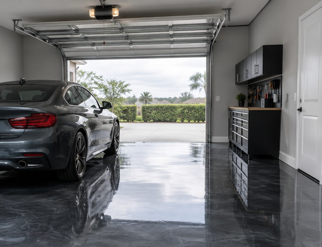 garage-floor-coating-palm-beach-county-jc-elite Metallic epoxy garage floor in polished graphite with silver swirls (illustration)