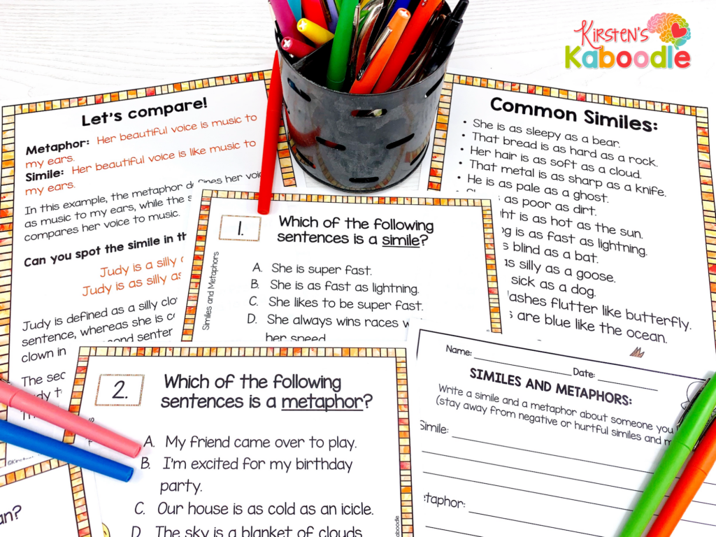 Simile and metaphor worksheets and task cards with a Common Similes anchor chart and colored pencils