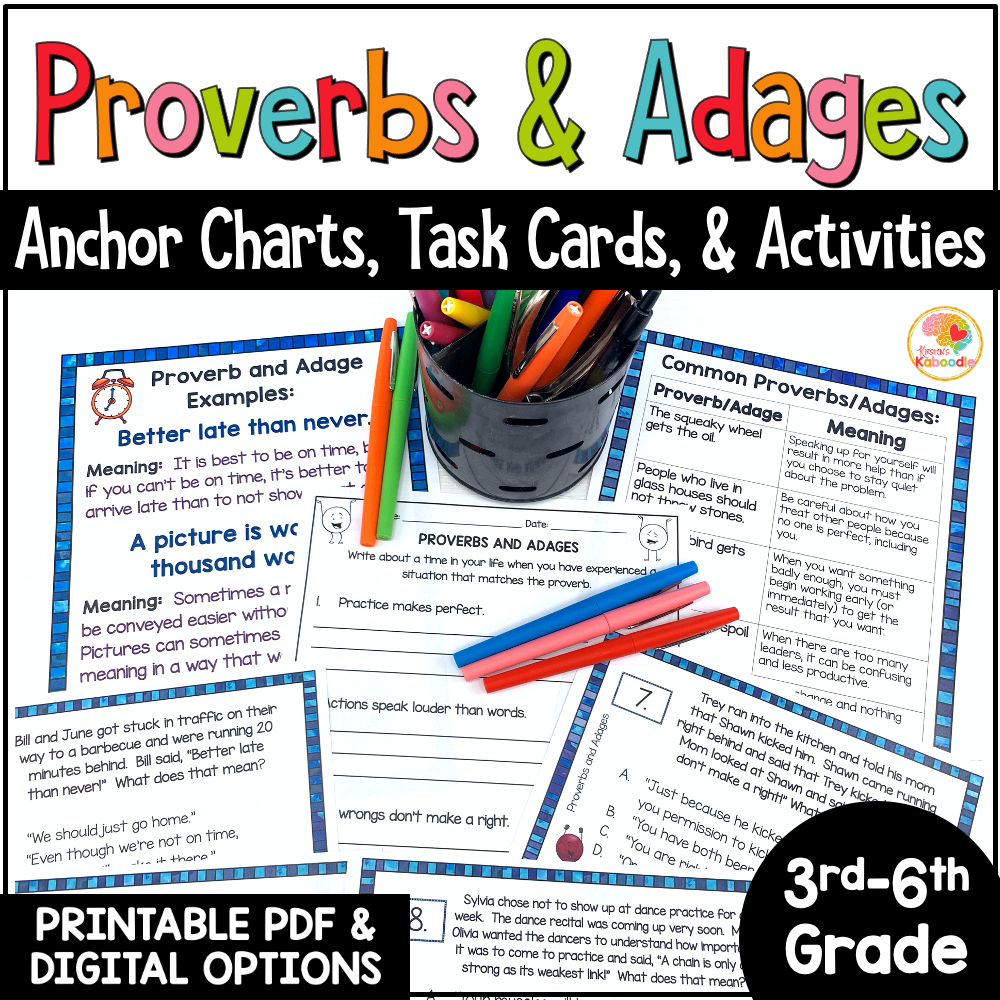 Proverbs and Adages Activities: Task Cards, Anchor Charts, and Worksheets