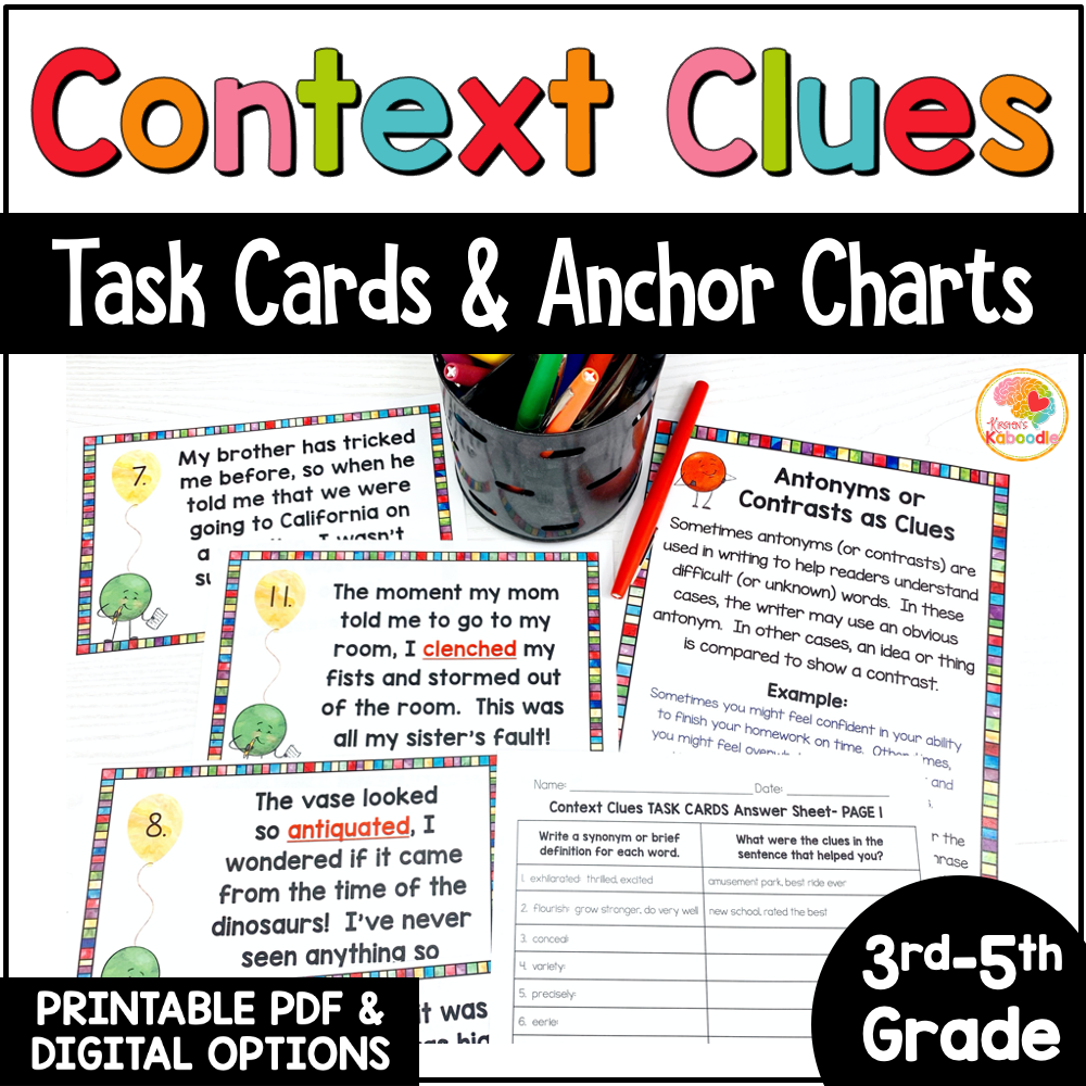 Context Clues Task Cards and Anchor Charts Activities for 3rd, 4th, and 5th Grade