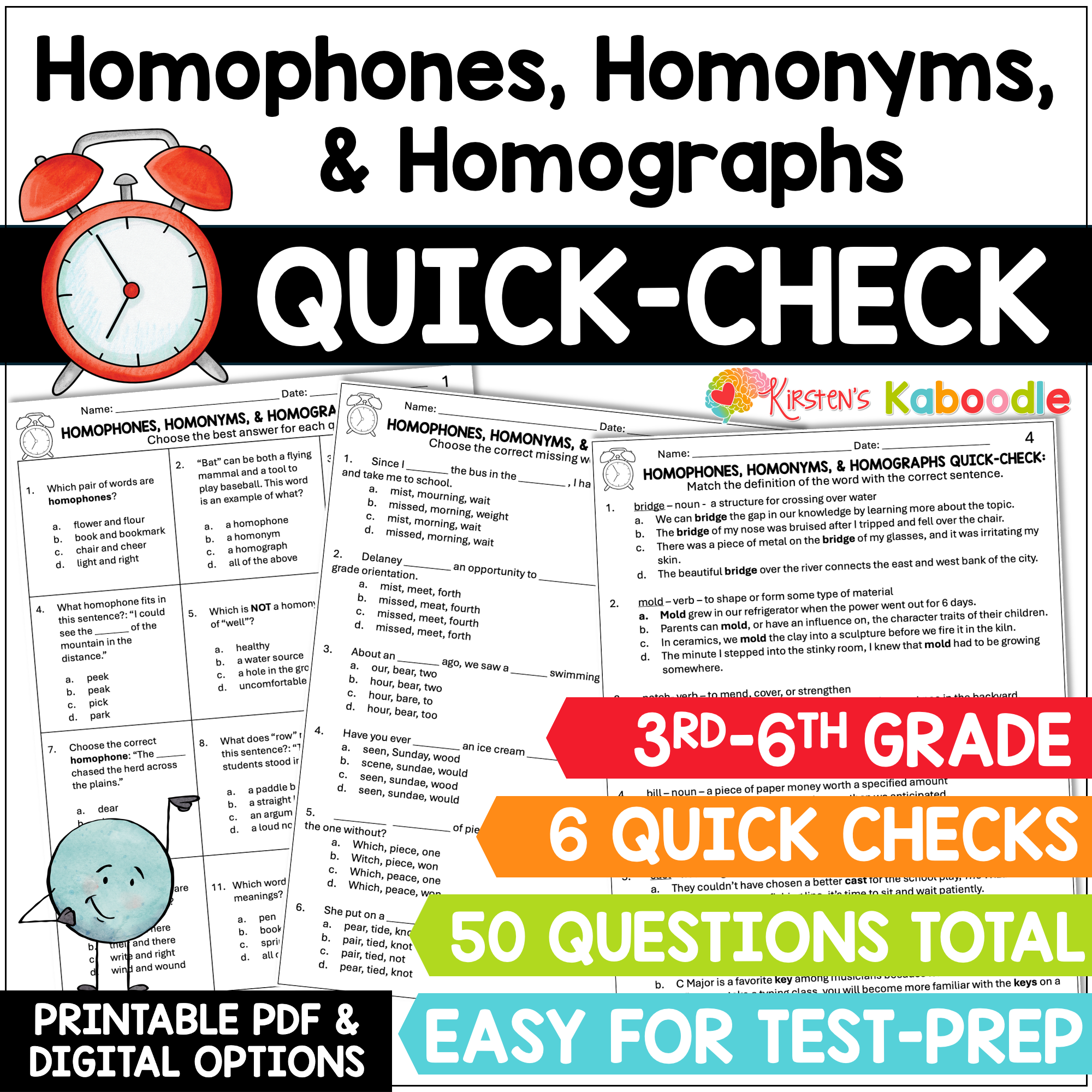 Homophones, Homonyms, Homographs Quick Check Test Prep Worksheets Review for 3rd, 4th, 5th, and 6th Grade