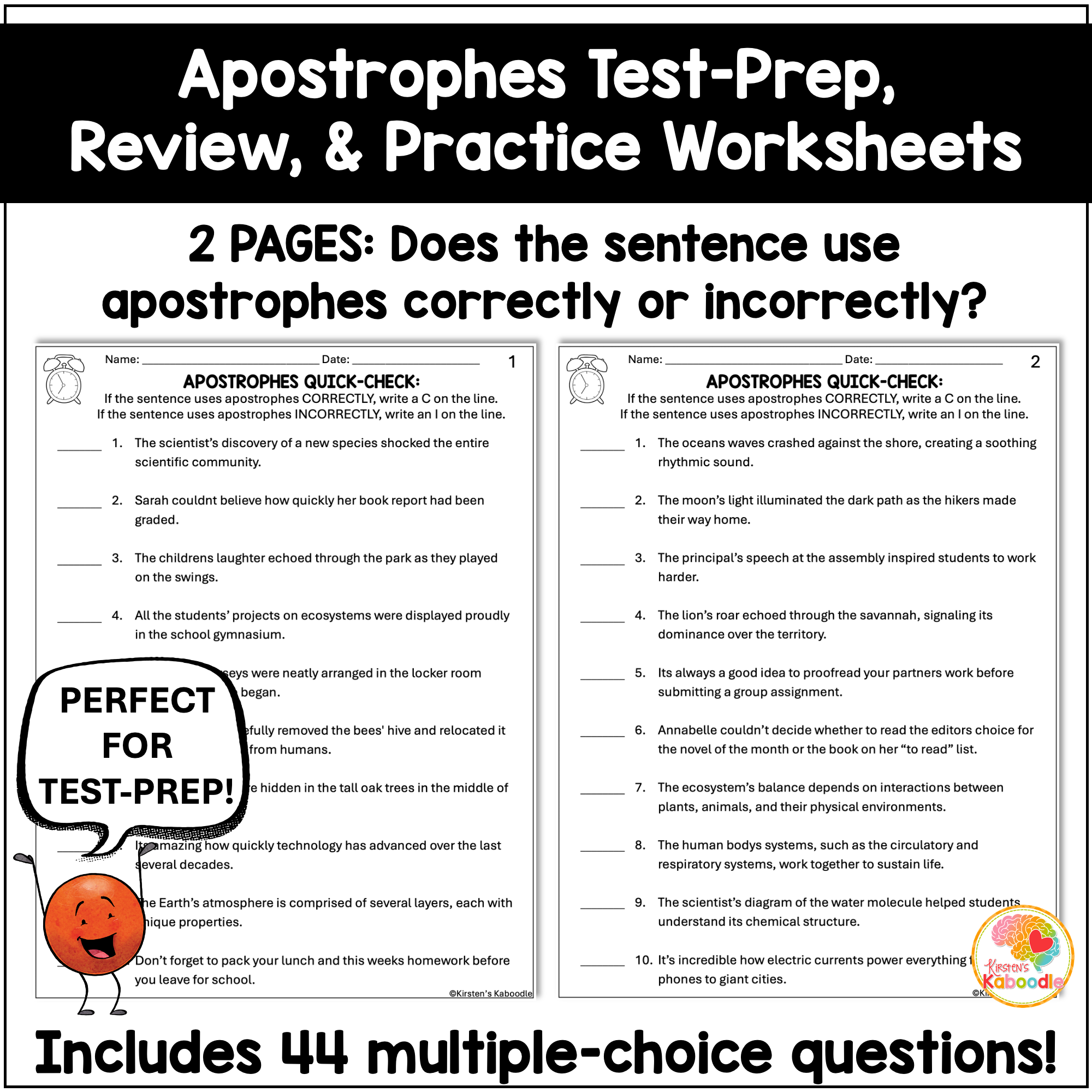 Apostrophes Quick Check Test Prep Worksheets Review for 3rd, 4th, 5th, & 6th Grade - preview 1