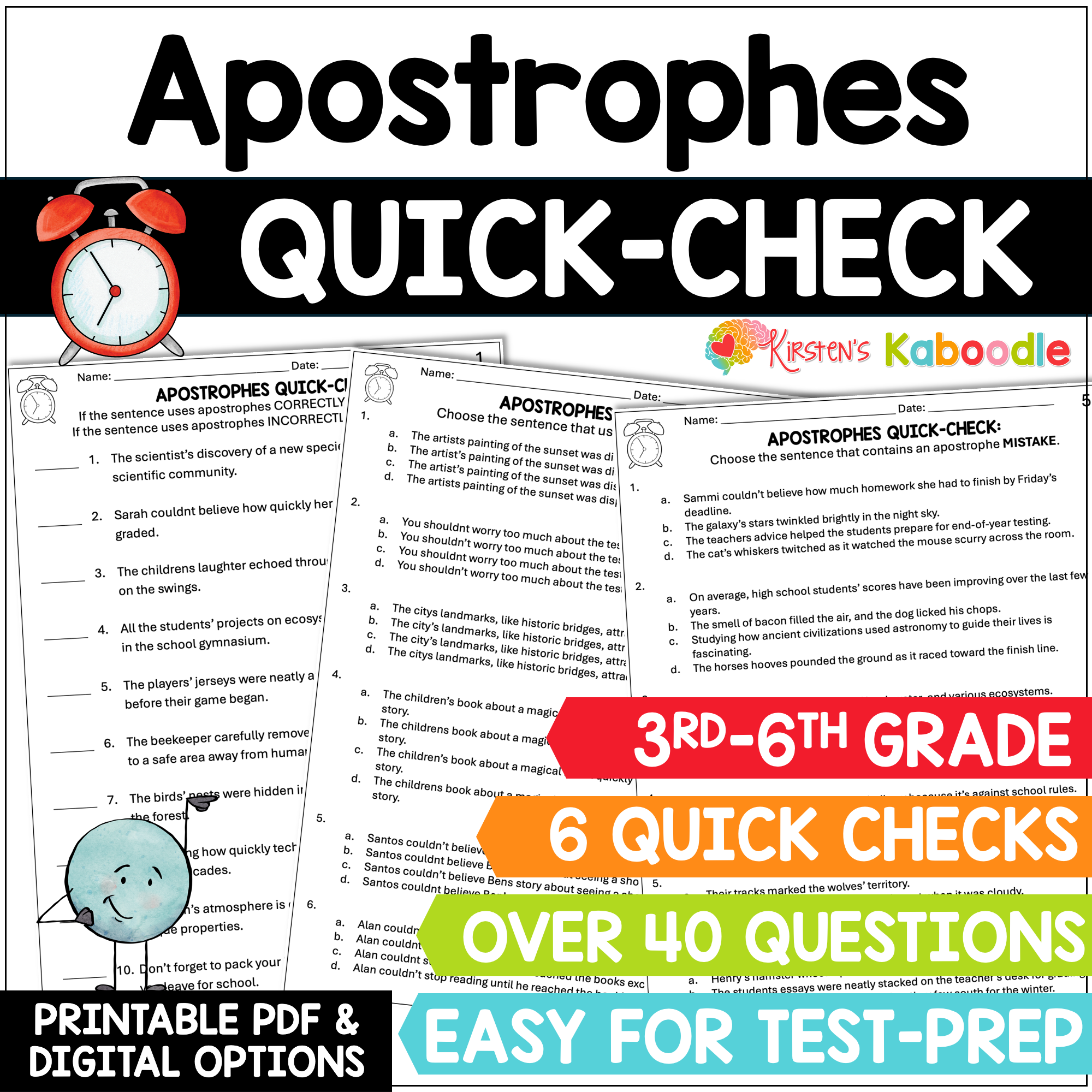 Apostrophes Quick Check Test Prep Worksheets Review for 3rd, 4th, 5th, & 6th Grade