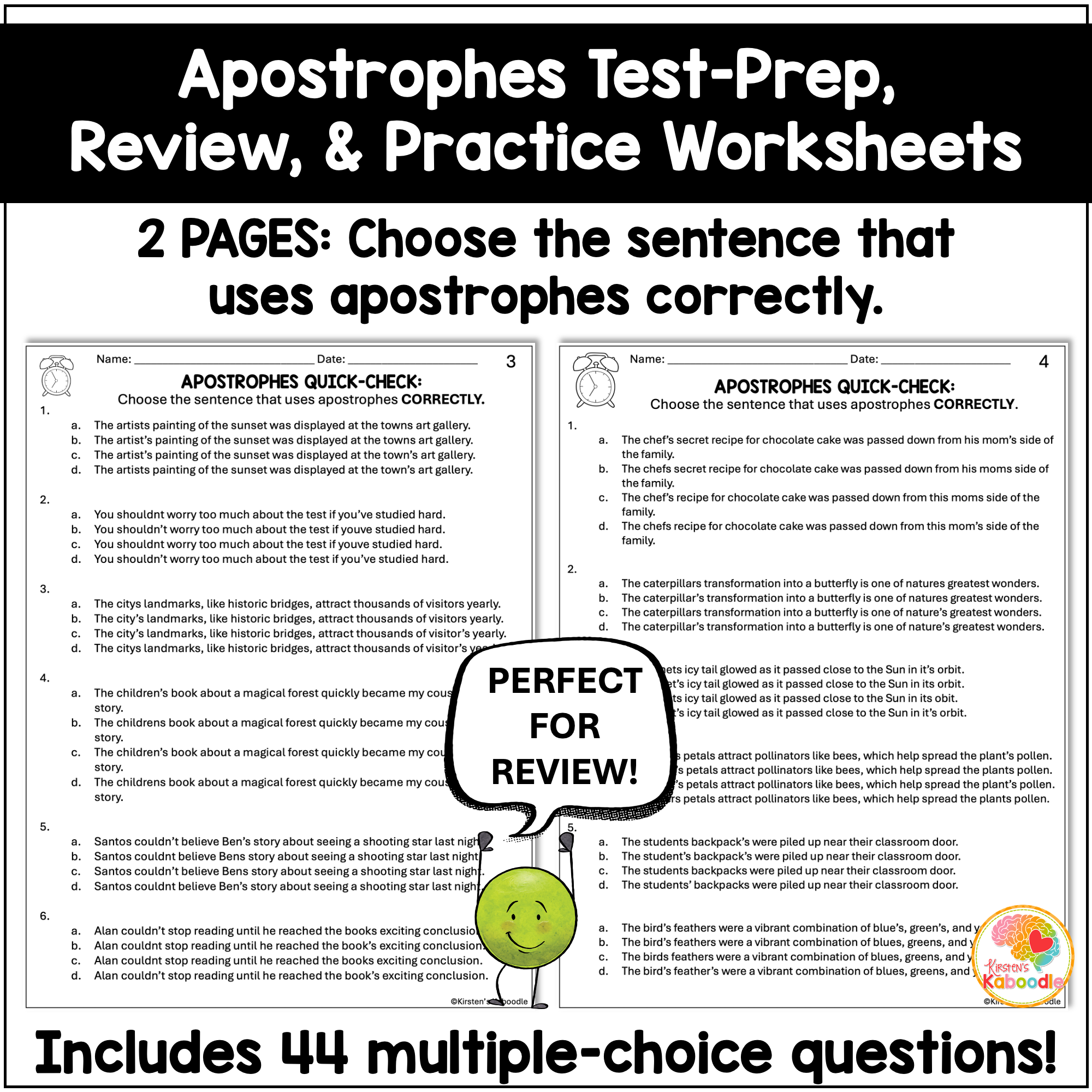 Apostrophes Quick Check Test Prep Worksheets Review for 3rd, 4th, 5th, & 6th Grade - preview 2