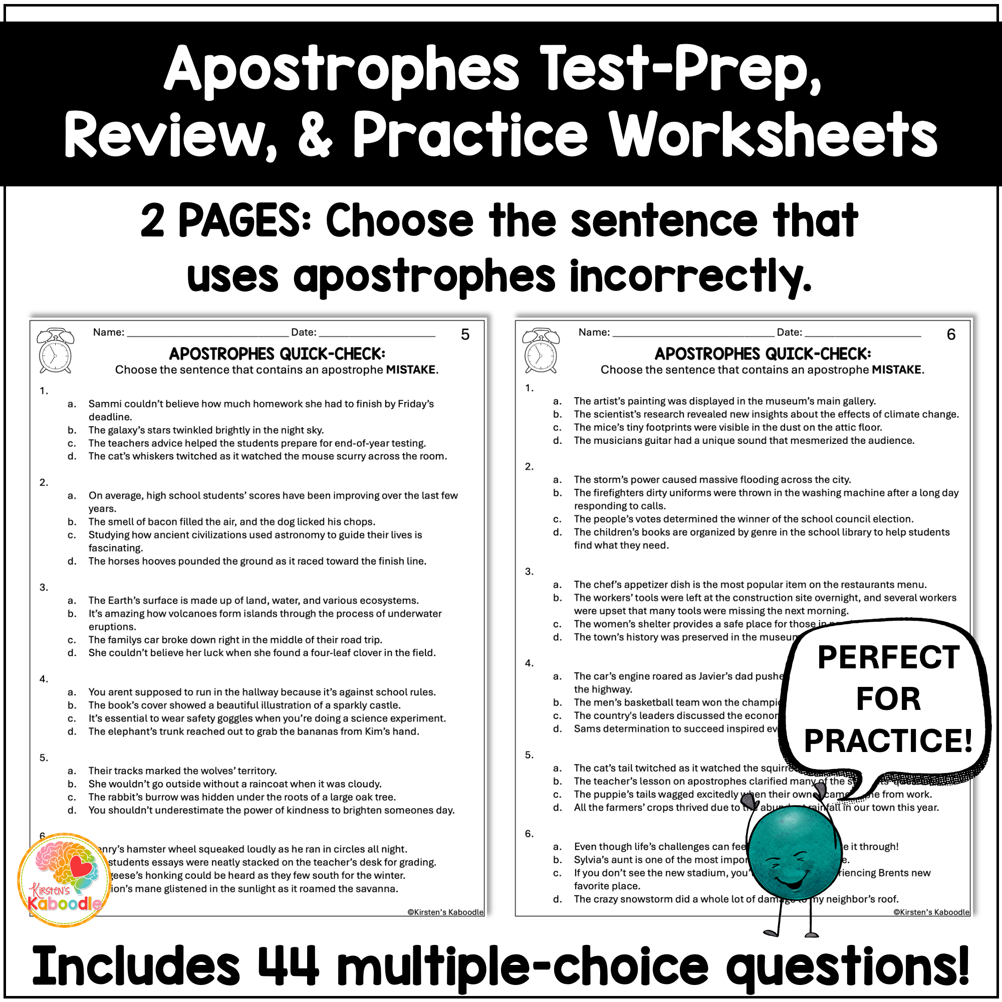 Apostrophes Quick Check Test Prep Worksheets Review for 3rd, 4th, 5th, & 6th Grade - preview 3