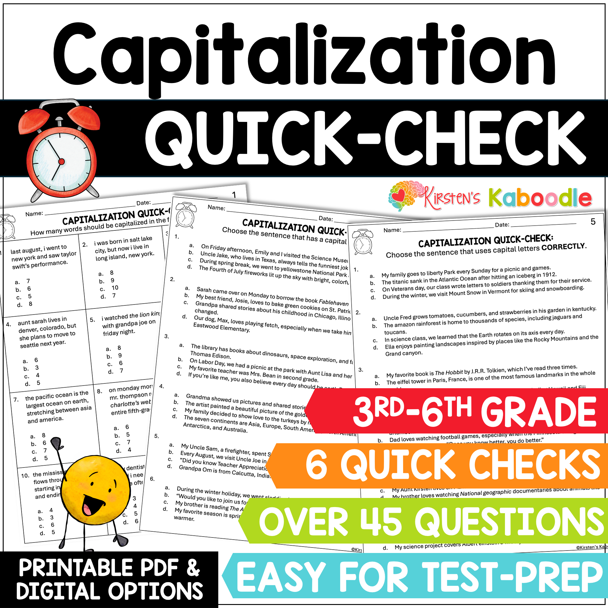 Capitalization Quick Check Test Prep Worksheets Review for 3rd, 4th, 5th, & 6th Grade