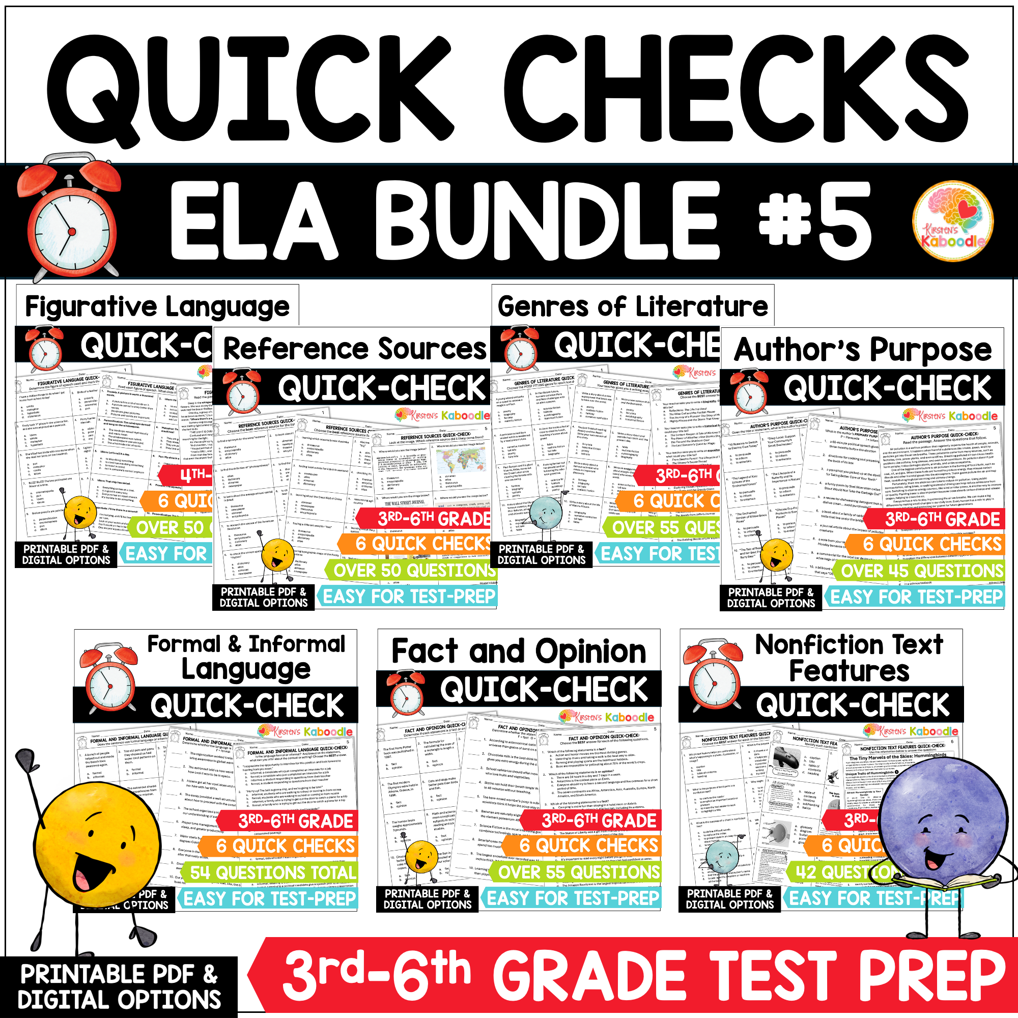 ELA Quick Check BUNDLE #5: Test Prep Review Worksheets with Digital Option for 3rd, 4th, 5th, and 6th Grade