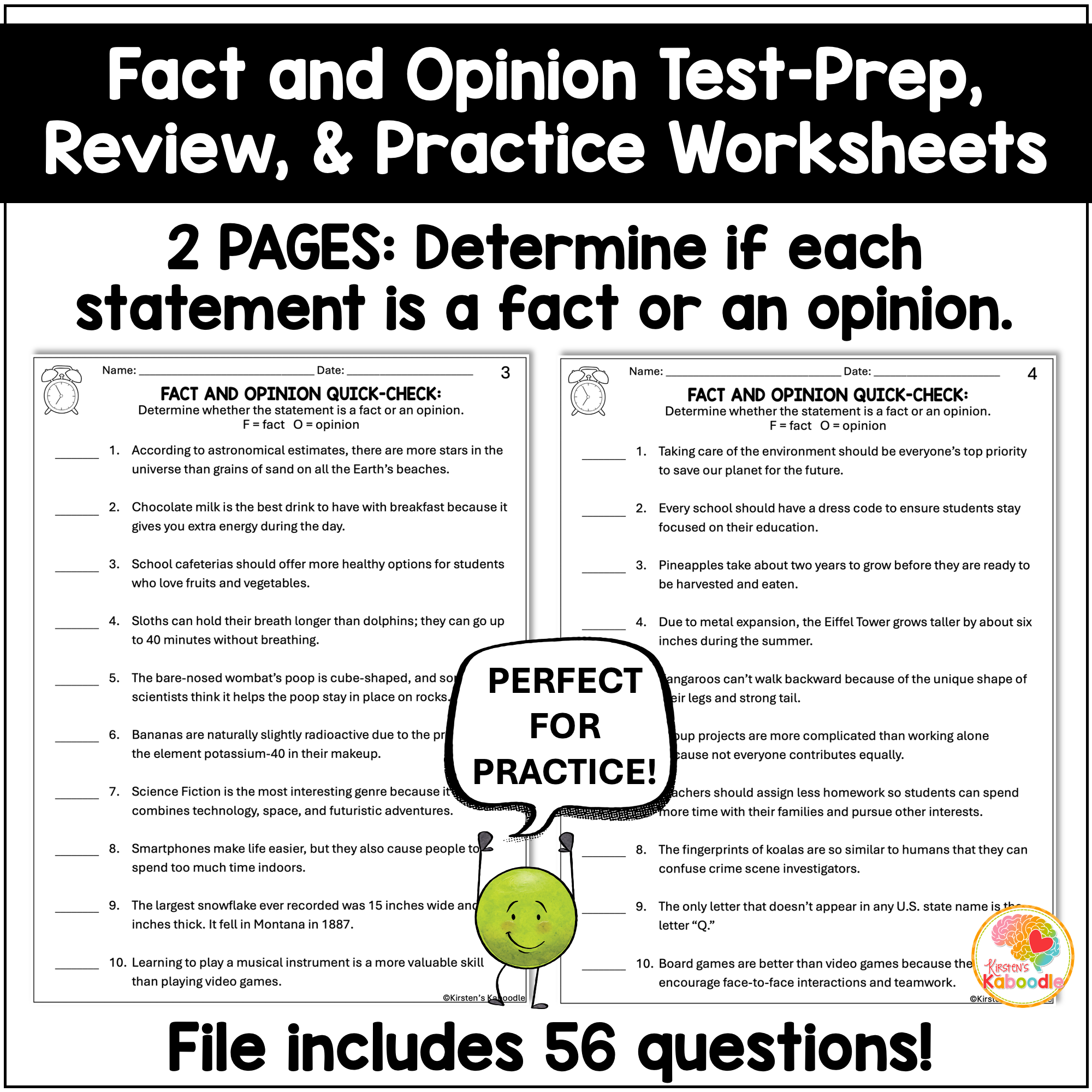 Fact and Opinion Quick Check Test Prep Worksheets Review for 3rd, 4th, 5th, & 6th Grade - preview 2
