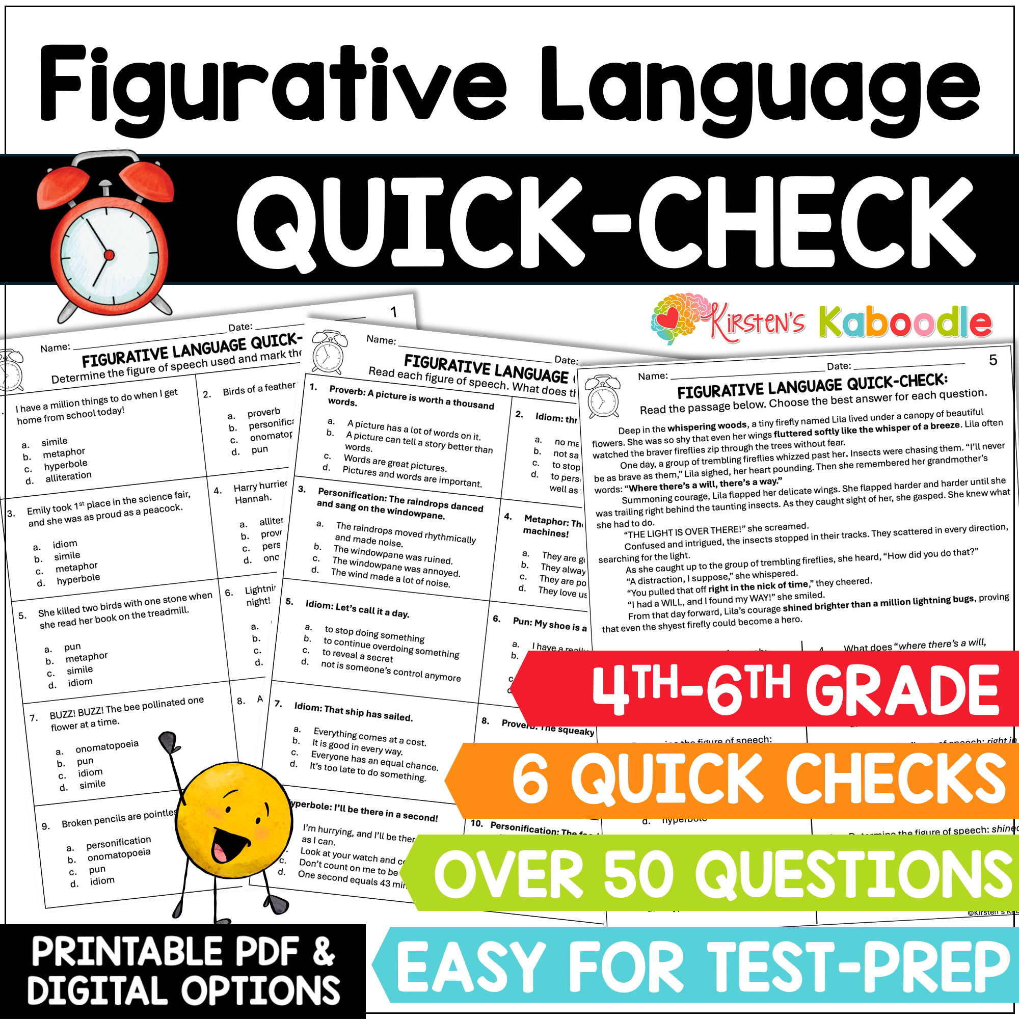 Figurative Language Quick Check Test Prep Worksheets Review for 4th, 5th, & 6th Grade