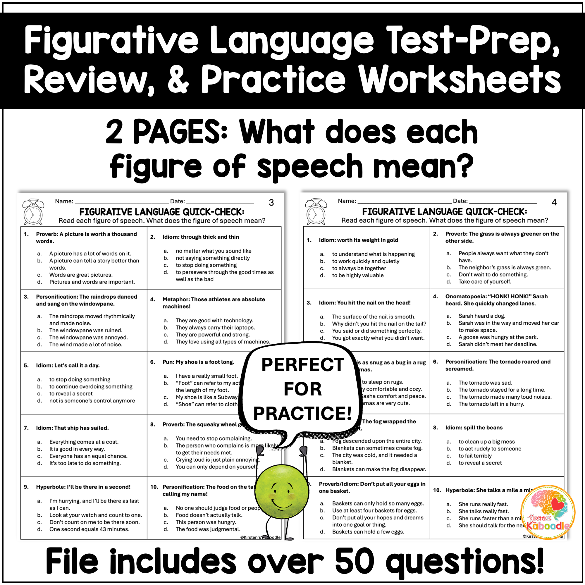 Figurative Language Quick Check Test Prep Worksheets Review for 4th, 5th, & 6th Grade - preview 1