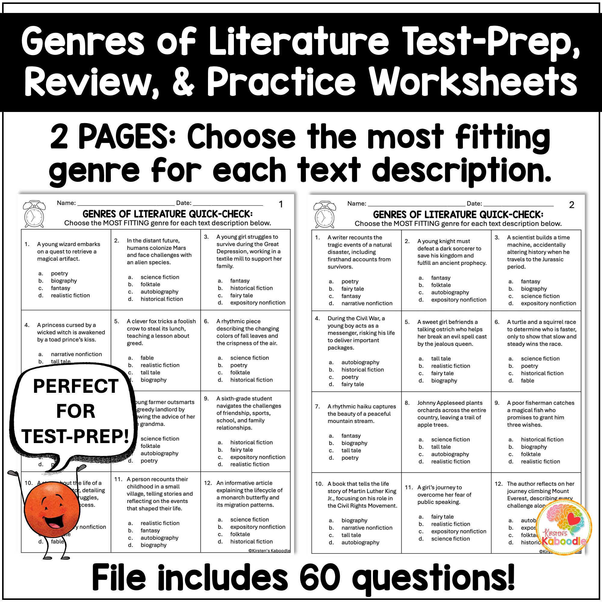 Genres of Literature Quick Check Test Prep Worksheets Review for 3rd, 4th, 5th, & 6th Grade - preview 1