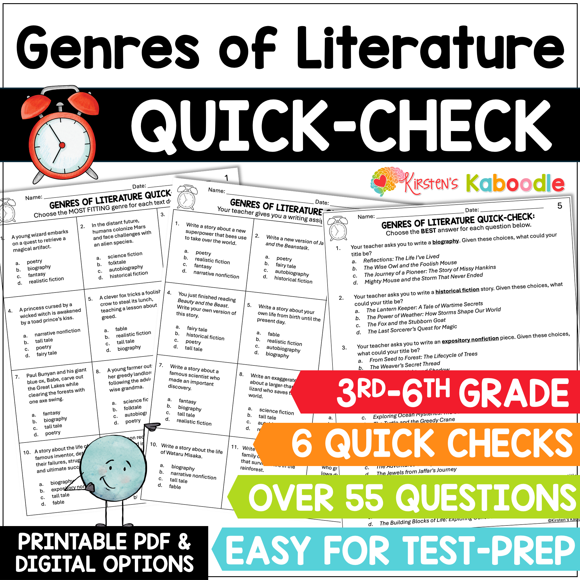 Genres of Literature Quick Check Test Prep Worksheets Review for 3rd, 4th, 5th, & 6th Grade