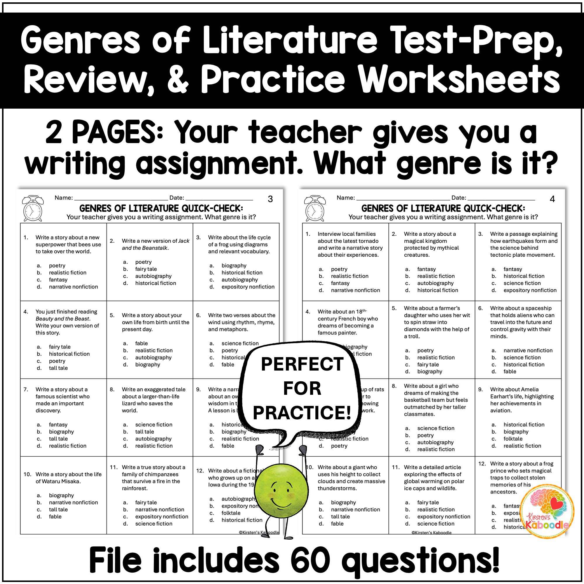 Genres of Literature Quick Check Test Prep Worksheets Review for 3rd, 4th, 5th, & 6th Grade - preview 2