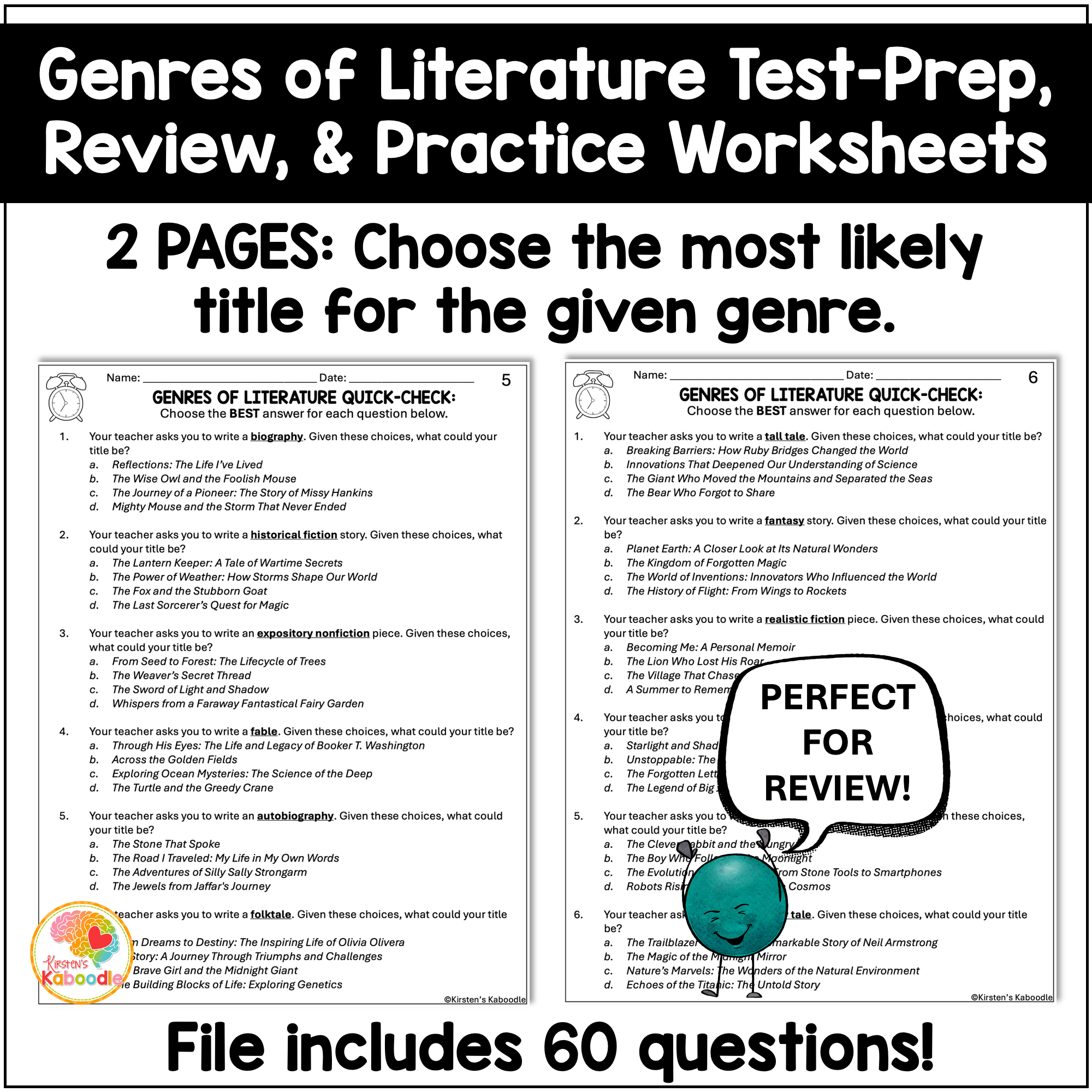 Genres of Literature Quick Check Test Prep Worksheets Review for 3rd, 4th, 5th, & 6th Grade - preview 3