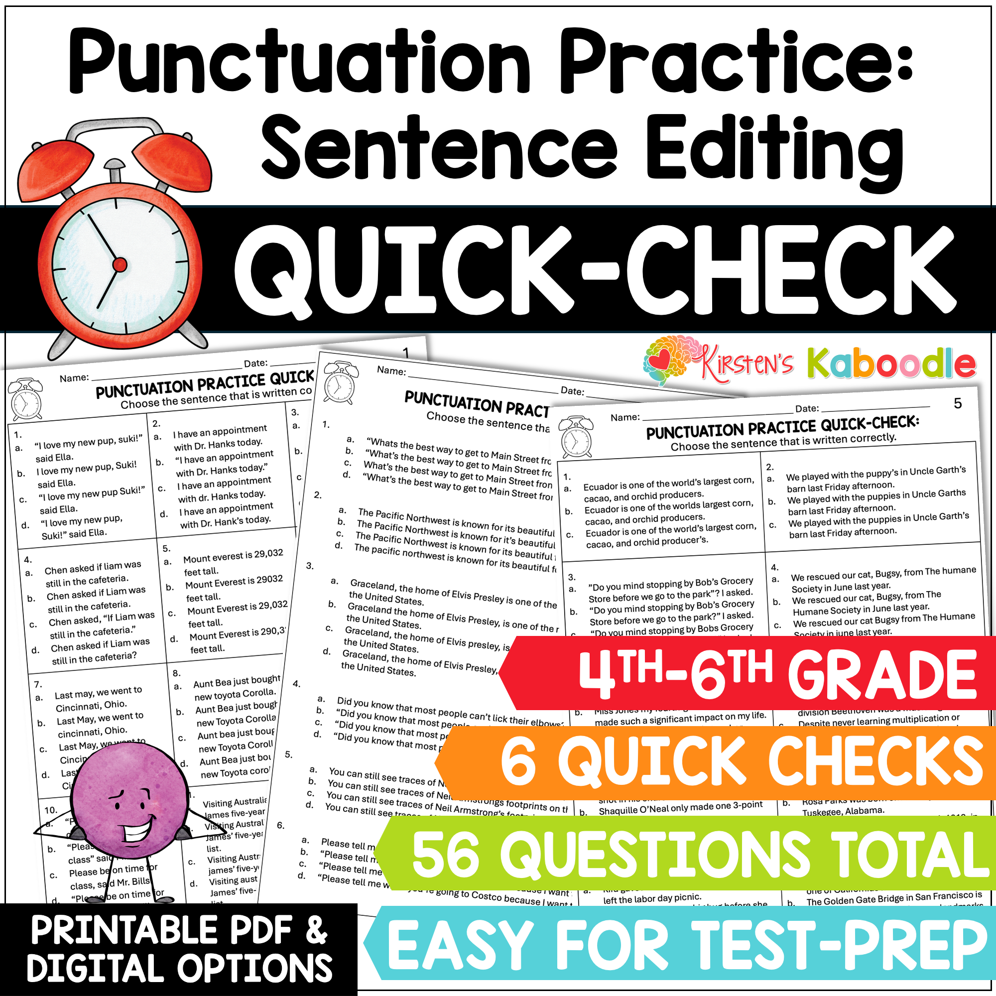 Punctuation Practice Quick Check Test Prep Worksheets Review for 3rd, 4th, 5th, & 6th Grade