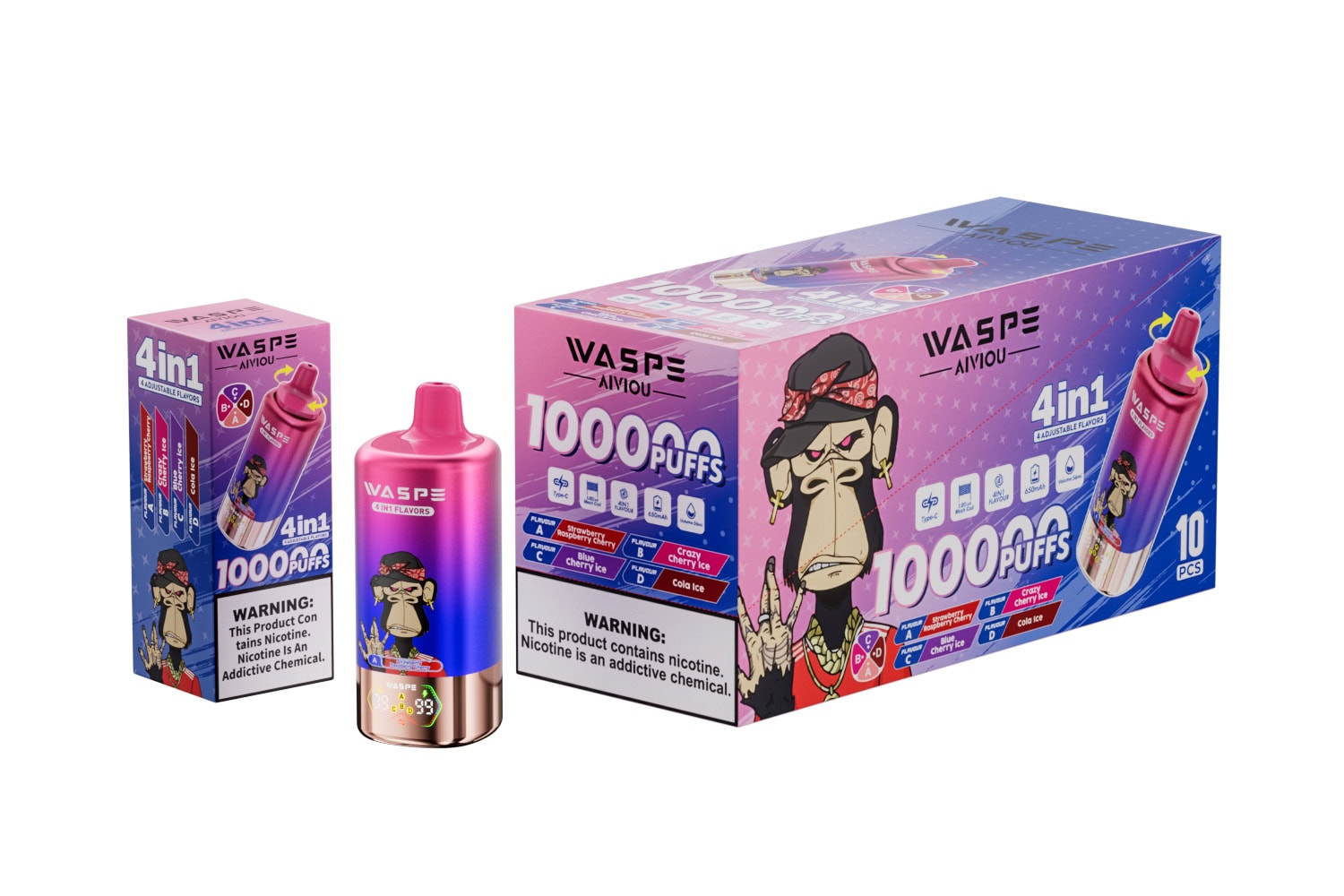 WASPE 4 in 1 100K Strawberry Raspberry Cherry & Crazy Cherry Ice & Blue Cherry Ice & Cola Ice - Imagen 3
