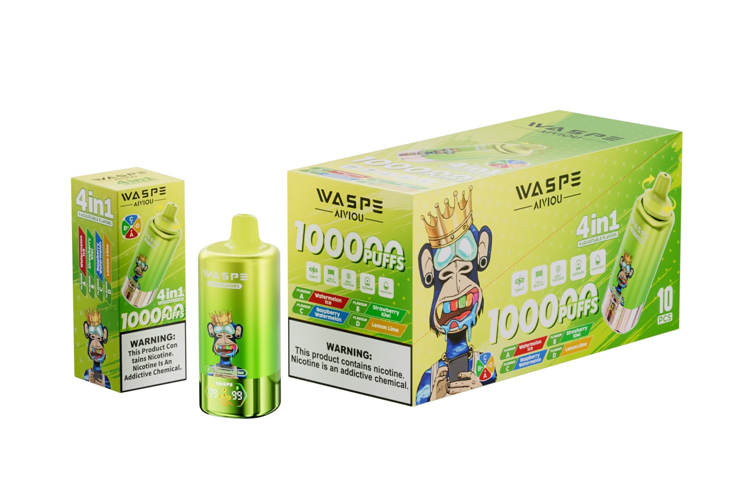 WASPE 4 in 1 100K Watermelon Ice & Strawberry Kiwi & Raspberry Watermelon & Lemon Lime - Image 3