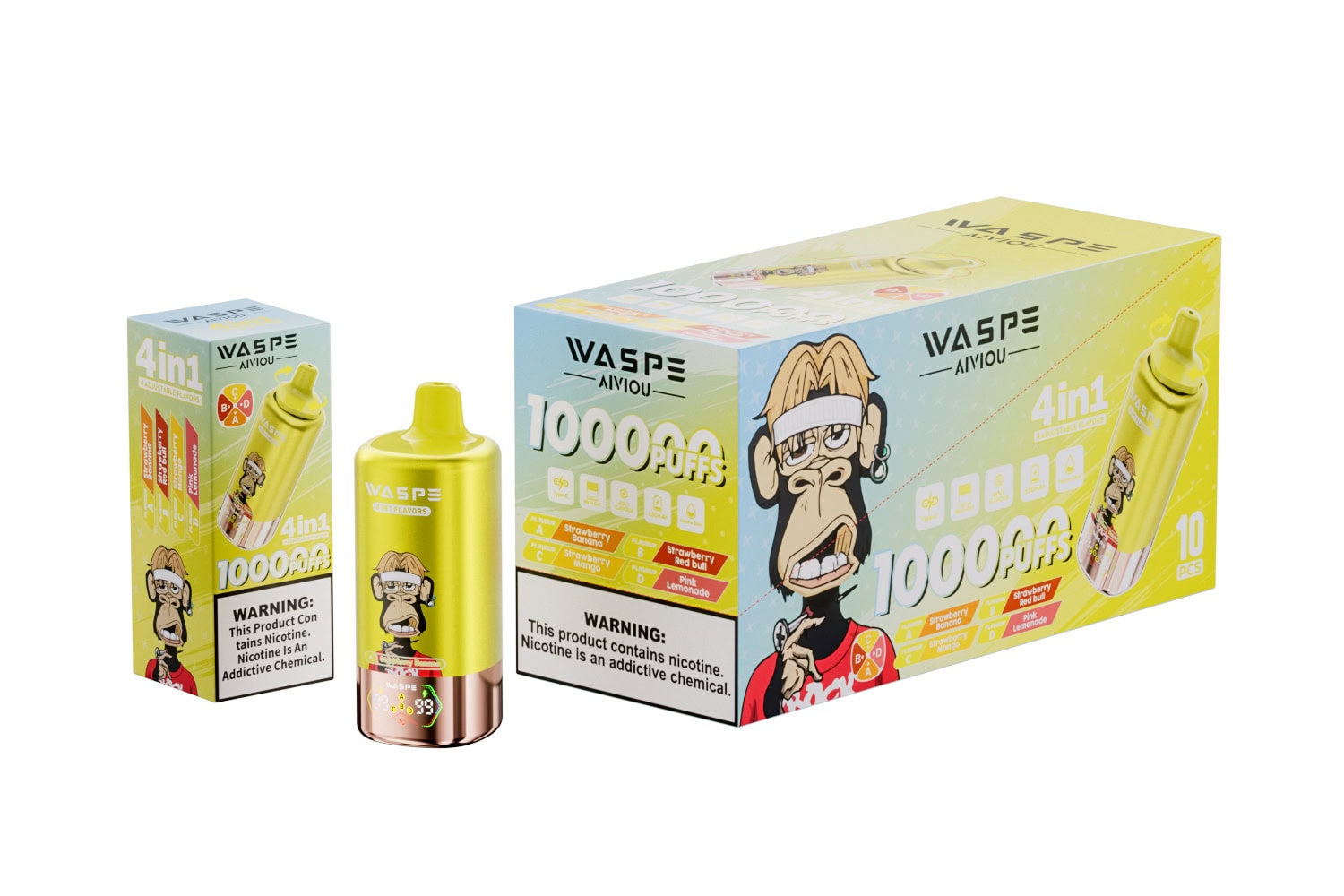 WASPE 4 in 1 100K Strawberry Banana & Strawberry Red Bull & Strawberry Mango & Pink Lemonade - Image 3