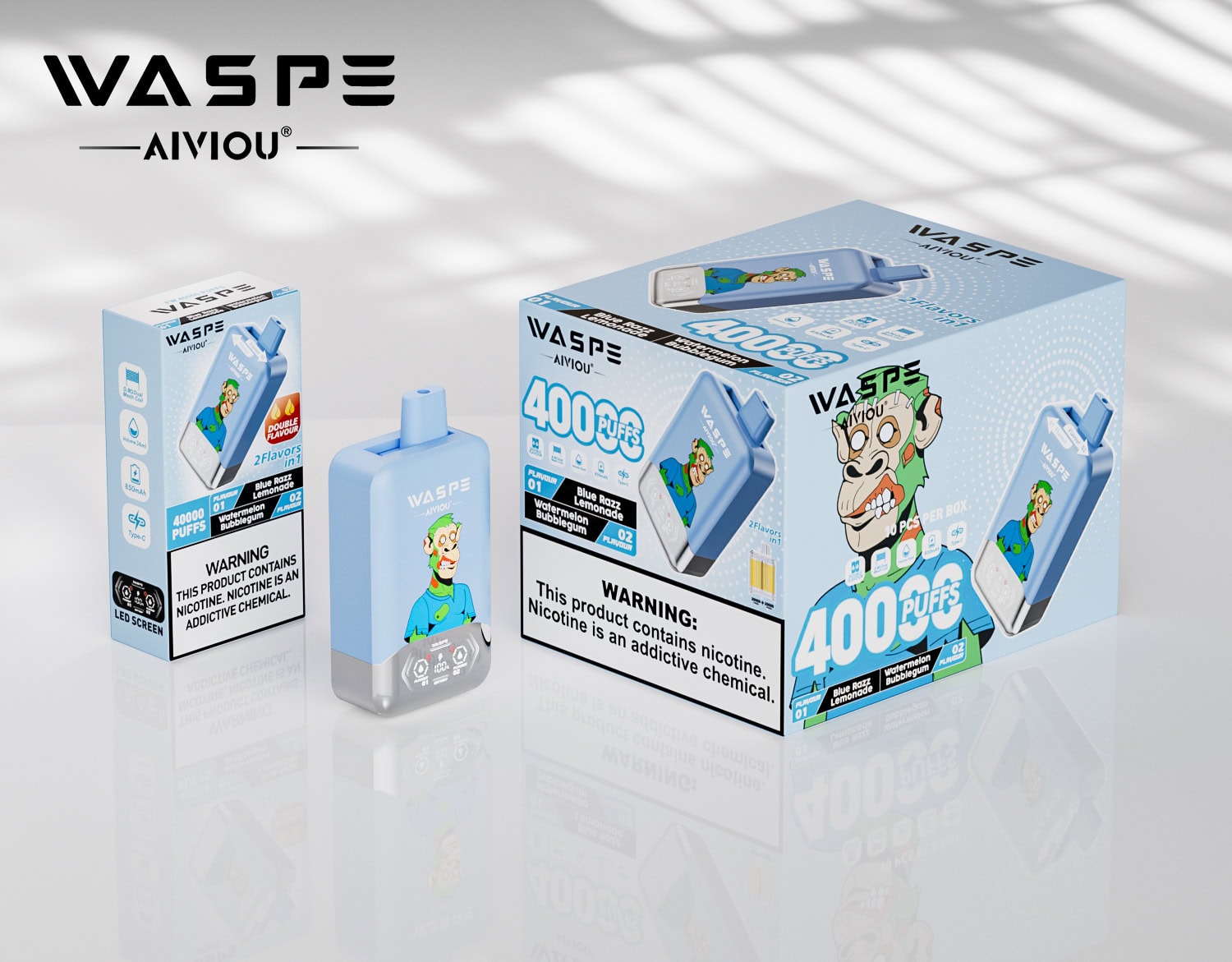 WASPE AIVIOU 40000 Blue Razz Lemonade & Watermelon Bubblegum - Image 3