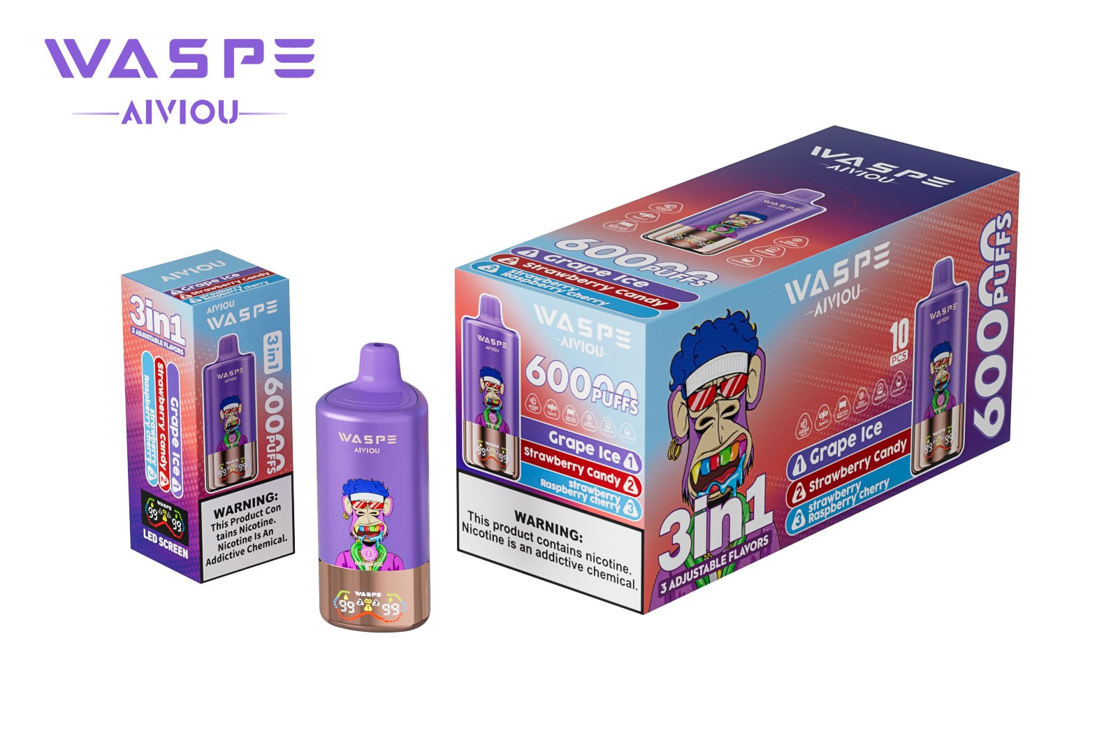 WASPE AIVIOU 60000 Grape Ice & Strawberry Candy & Strawberry Raspberry Cherry - Image 3