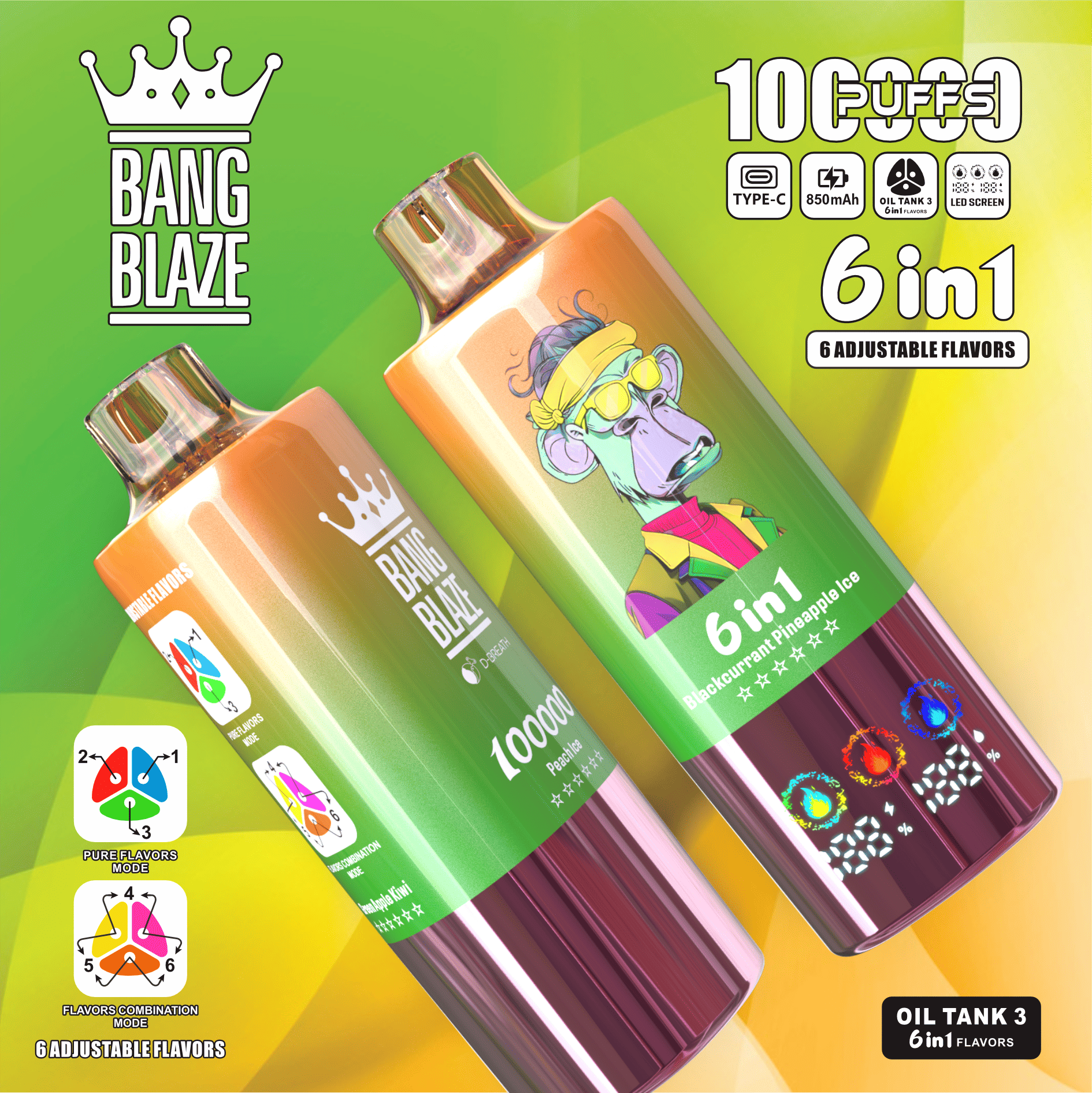 Bang Blaze 100K Peach Ice & Blackcurrant Pineapple Ice & Green Apple Kiwi - Image 2