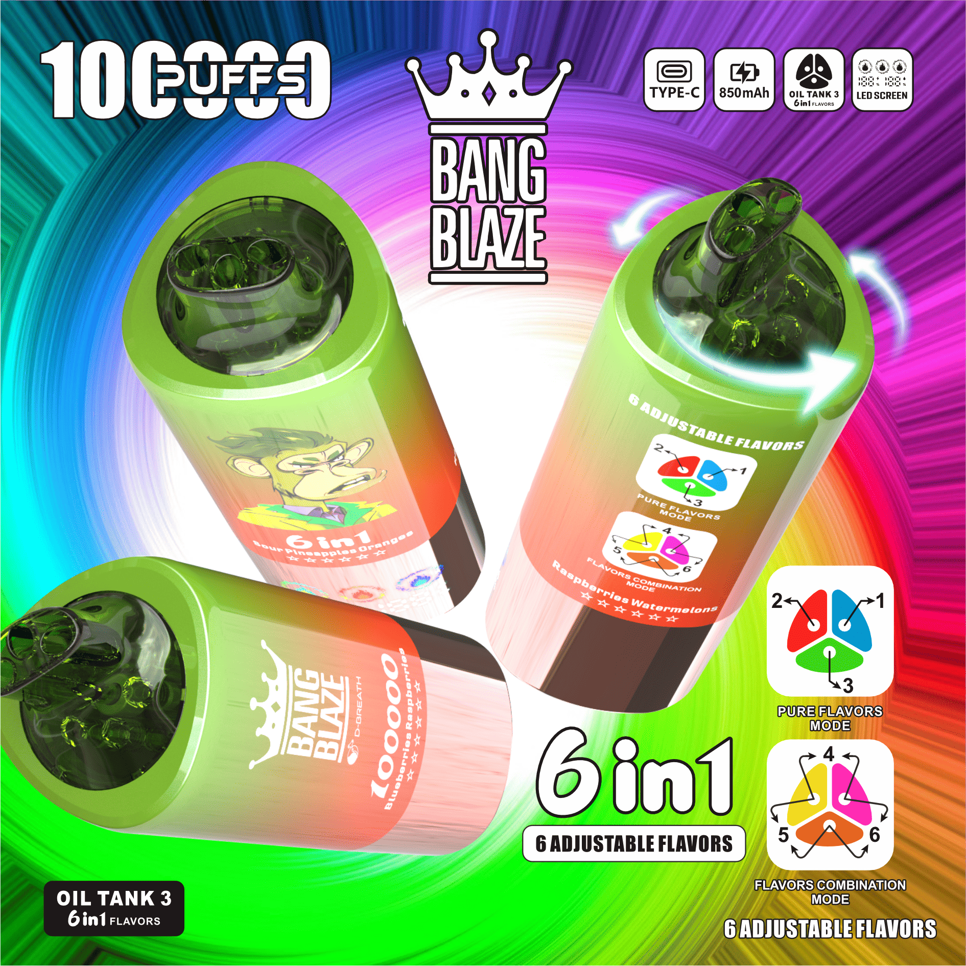 Bang Blaze 100K Blueberries Raspberries & Sour Pineapples Oranges & Raspberries Watermelons - Image 2