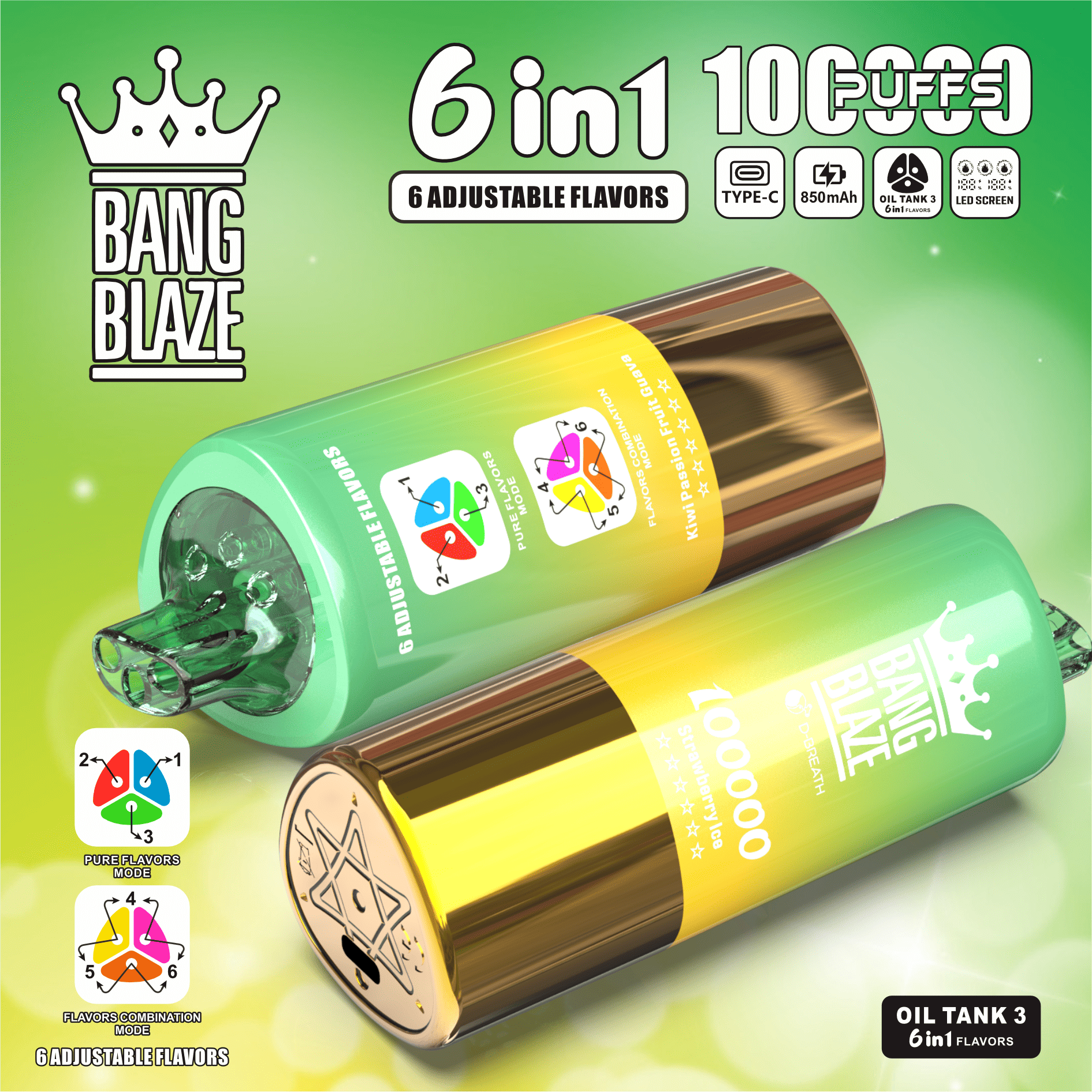 Bang Blaze 100K Strawberry Ice & Peach Lemon & Kiwi Passion Fruit Guava - Image 2