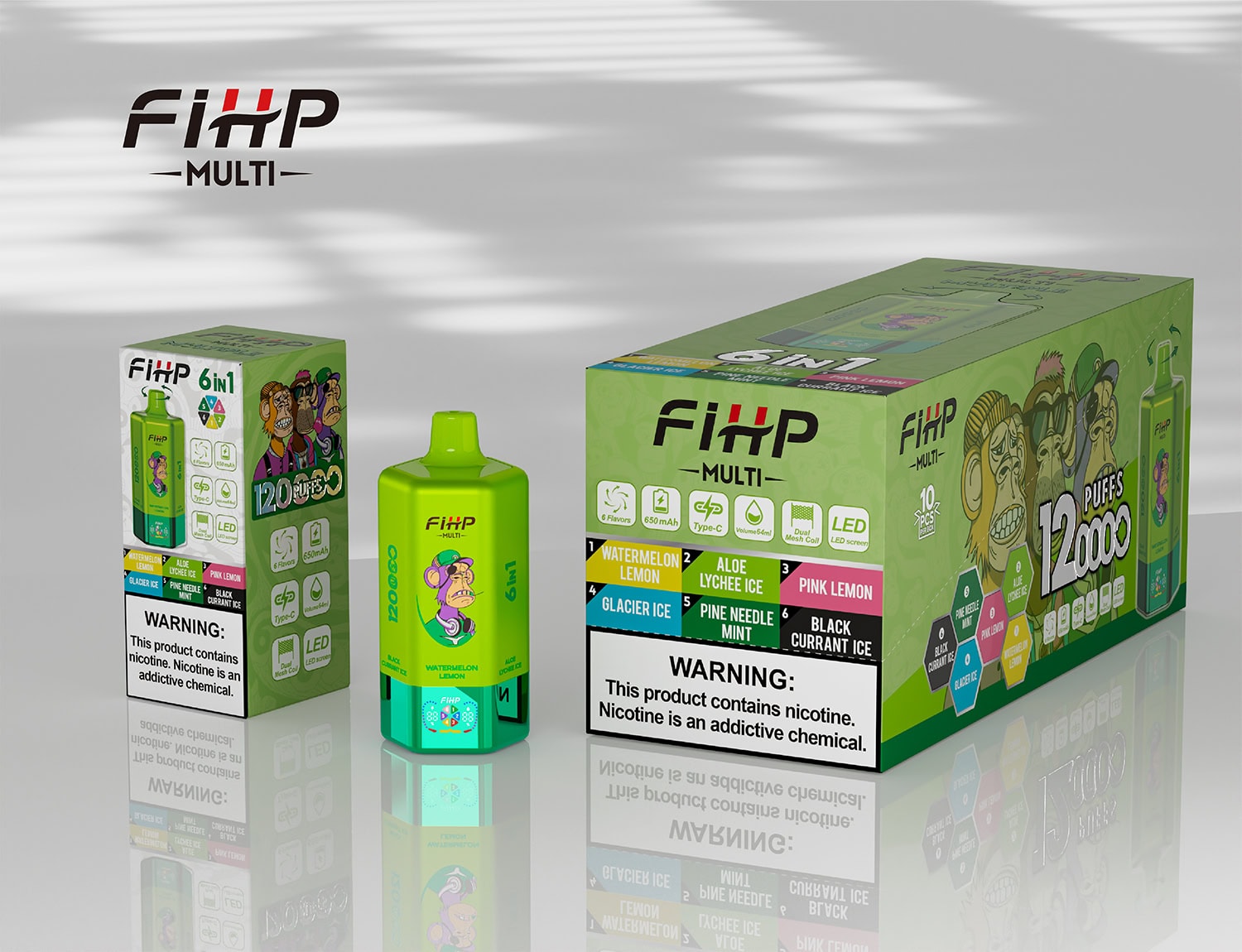 FIHP 120K 6in1 Watermelon Lemon & Aloe Lychee Ice & Pink Lemon & Glacier Ice & Pine Needle Mint & Black Currant Ice - Image 3